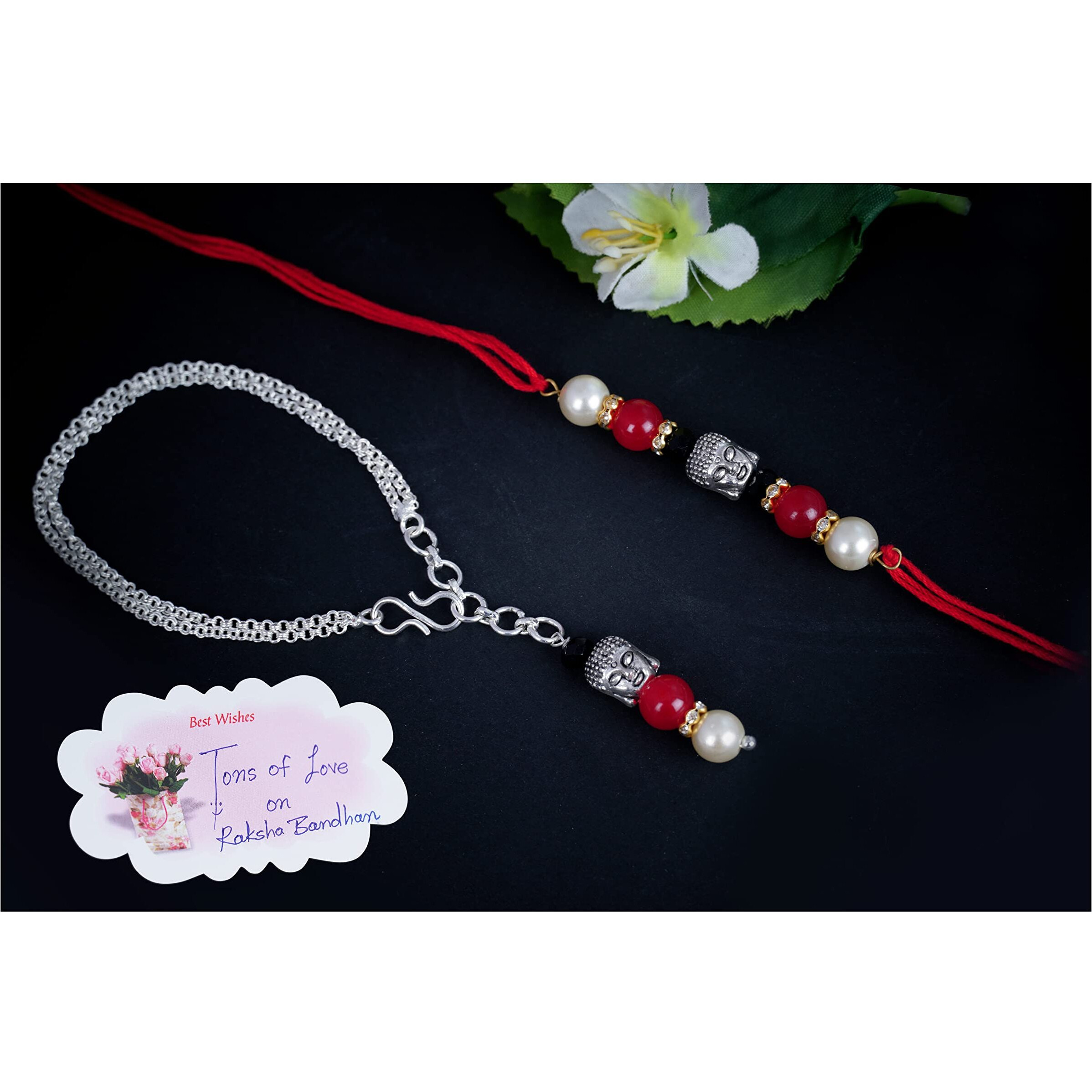Jfl Unisex Adult - Jewellery For Less Handmade Buddha Bead Rakhi, Combo Pearl Designer Collection Couple Pair Rakhi Set, Bhaiya Bhabhi For Raksha Bandhan.