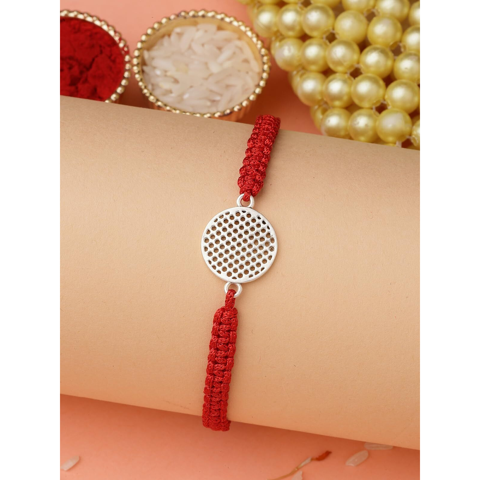 Sukkhi Rakhi 925 Sterling Silver Round Silver Rakhi Bracelet For Men With Roli Chawal & Free Greeting Card With Certificate Of Authenticity | 925 Silver Rakhi For Brother | Rak106997