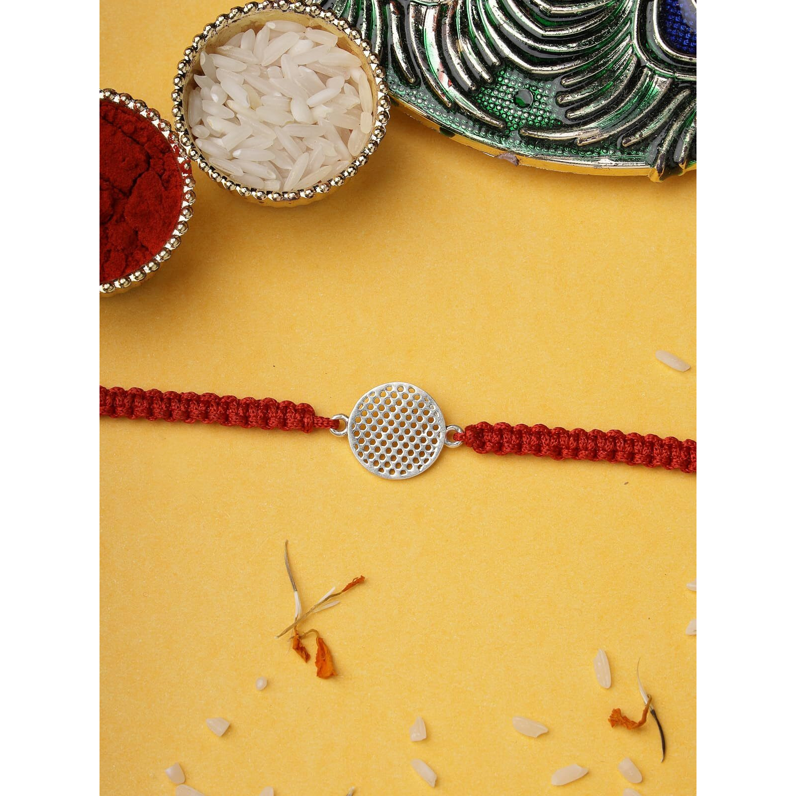 Sukkhi Rakhi 925 Sterling Silver Round Silver Rakhi Bracelet For Men With Roli Chawal & Free Greeting Card With Certificate Of Authenticity | 925 Silver Rakhi For Brother | Rak106997