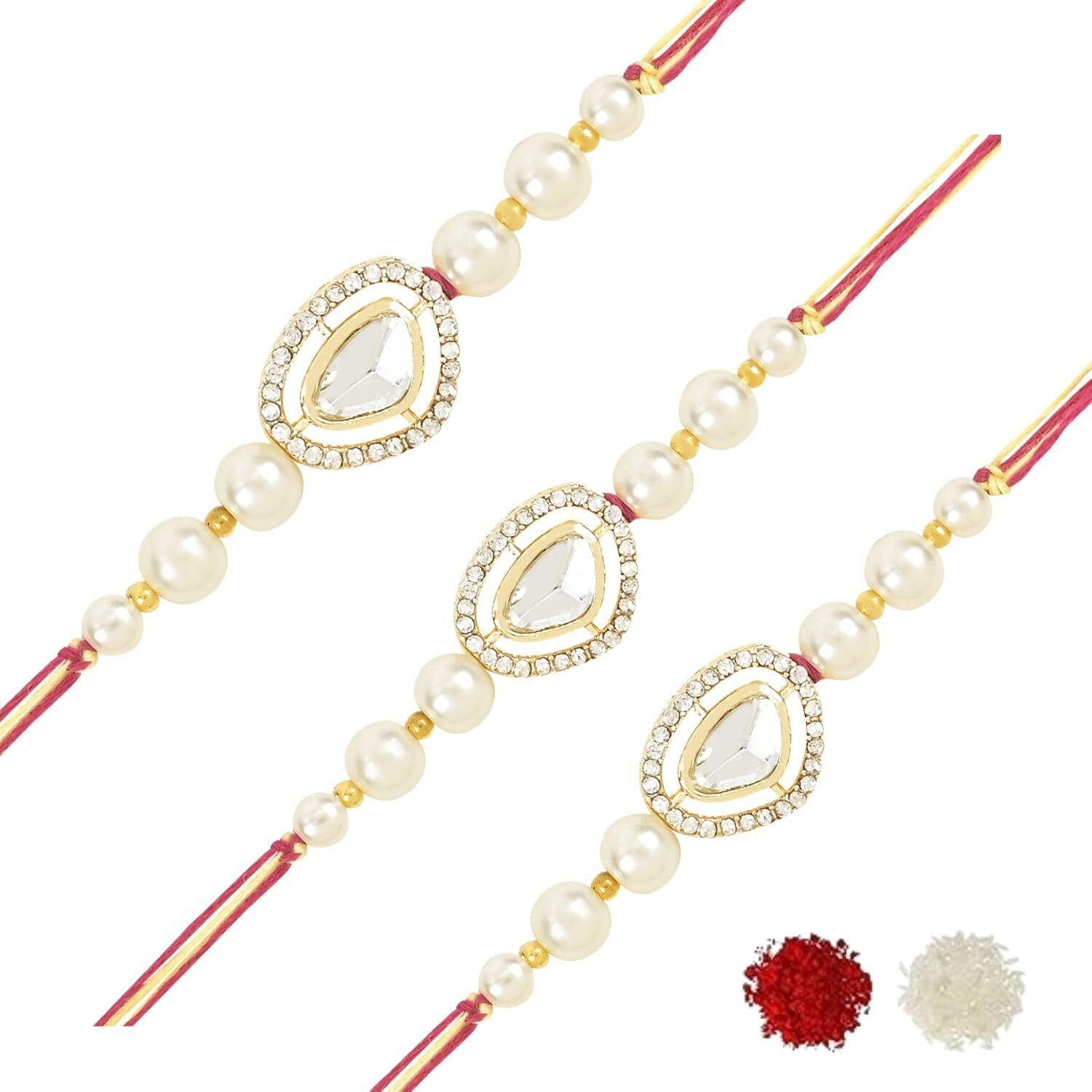 I Jewels Pearl & Kundan Designer Bhaiya Rakhi With Roli Chawal For Brother/Bro/Men With Rakshabandhan Card (R107W-3)(Pack Of 3)