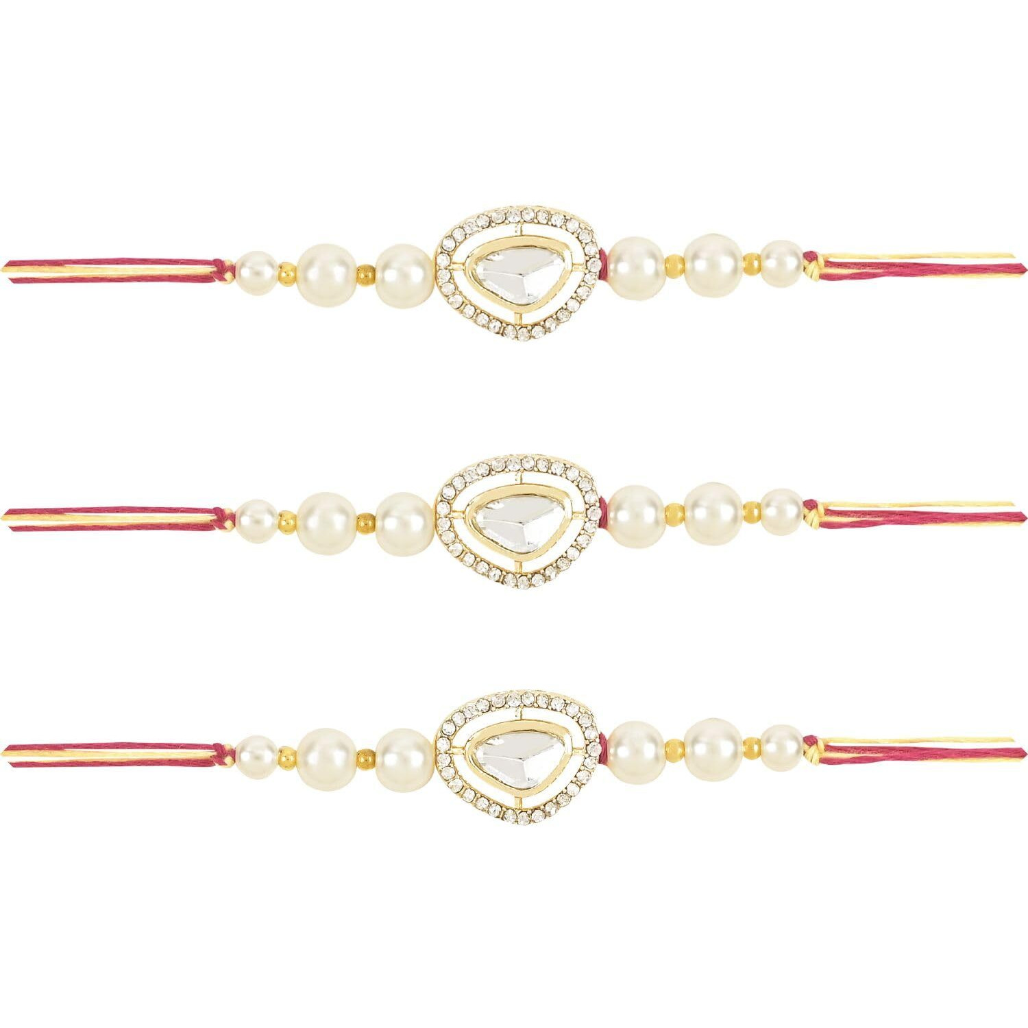 I Jewels Pearl & Kundan Designer Bhaiya Rakhi With Roli Chawal For Brother/Bro/Men With Rakshabandhan Card (R107W-3)(Pack Of 3)