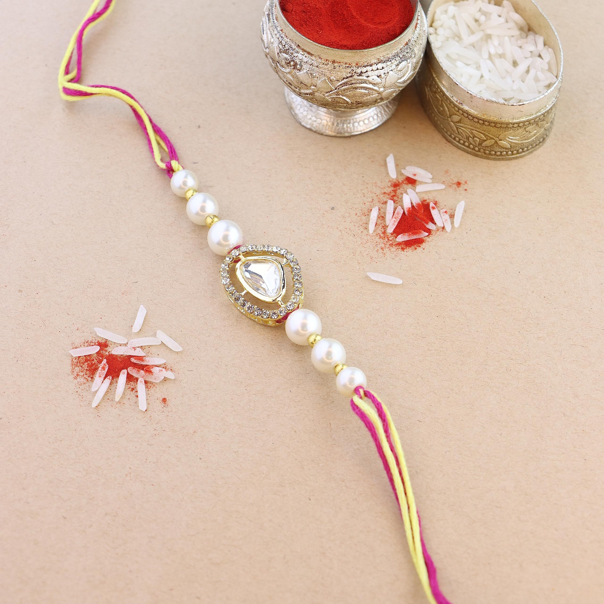 I Jewels Pearl & Kundan Designer Bhaiya Rakhi With Roli Chawal For Brother/Bro/Men With Rakshabandhan Card (R107W-3)(Pack Of 3)