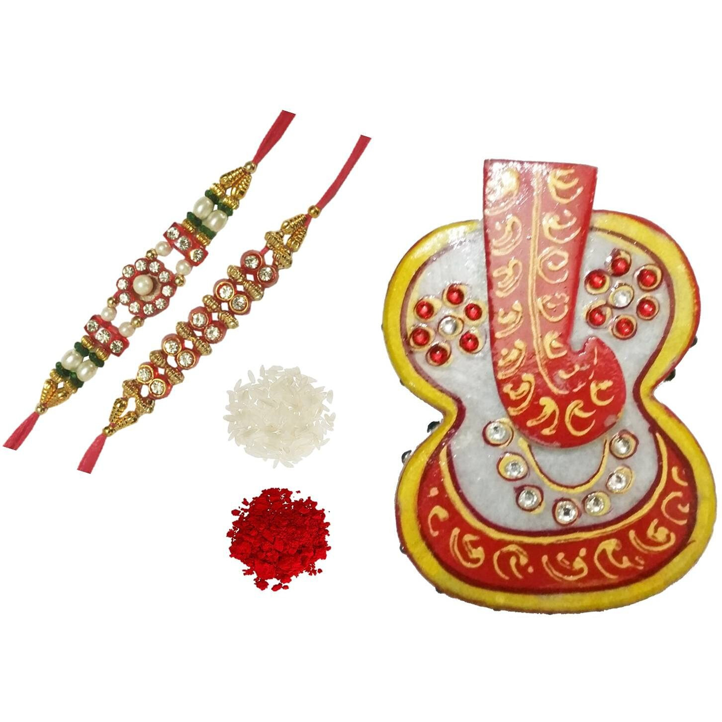 Purpledip Rakhi Gift Hamper For Brother Dhoti Ganesha Marble Chopra, 2 Bhai Rakshabandhan Bracelets, Roli Chawal Tika (Rakhi4E)