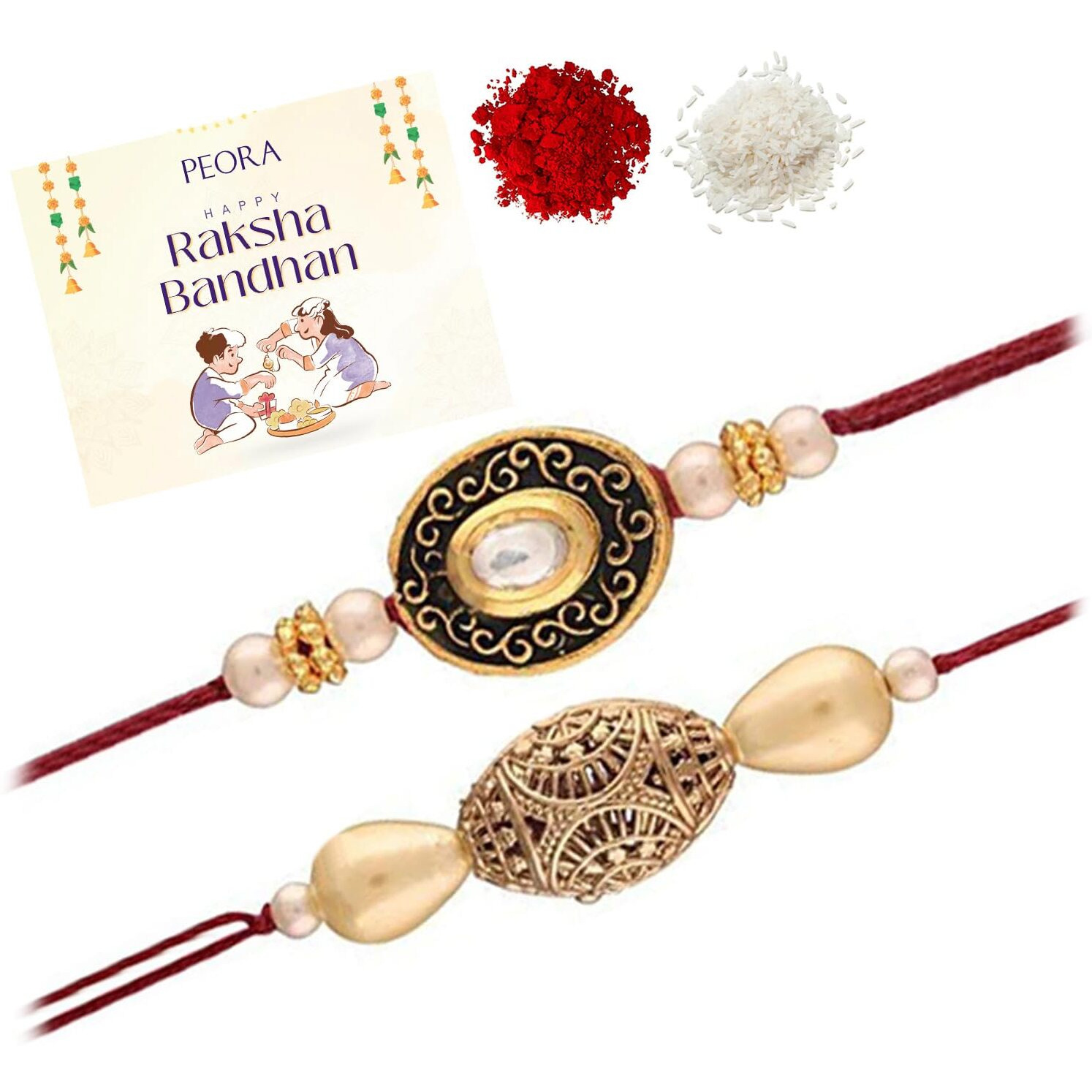Peora Gold Plated Kundan Beads Studded Thread Rakhi For Brother Bhaiya Men With Roli & Chawal (Pack Of 2)