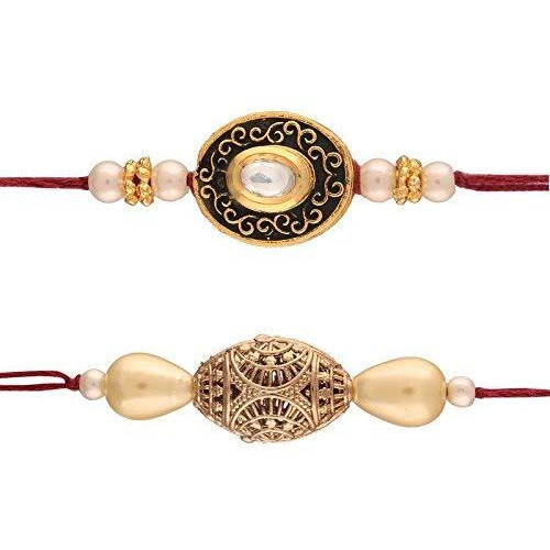 Peora Gold Plated Kundan Beads Studded Thread Rakhi For Brother Bhaiya Men With Roli & Chawal (Pack Of 2)