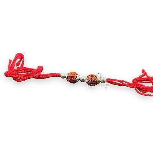 Sj Shubham Jewellers 925 Sterling Silver Rakhi For Brother Rudraksha Rakhi Bracelet Raksha Bandhan Pure Cotton For Men, Boys, Kids Rakhi With Roli Chawal (Rudraksha 2 Beads)