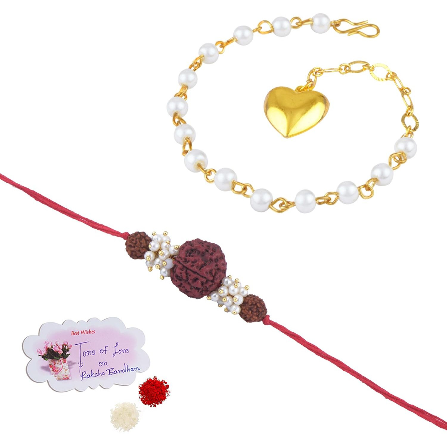 Jfl-Jewelleryforless Handmade Combo Couple Pair Panch Mukhi Rudraksh Pearl Rakhi & Gold Heart Charm Bracelet Set For Bhaiya Bhabhi With Roli Chawal Hand Written Greeting Note Of Raksha Bandhan