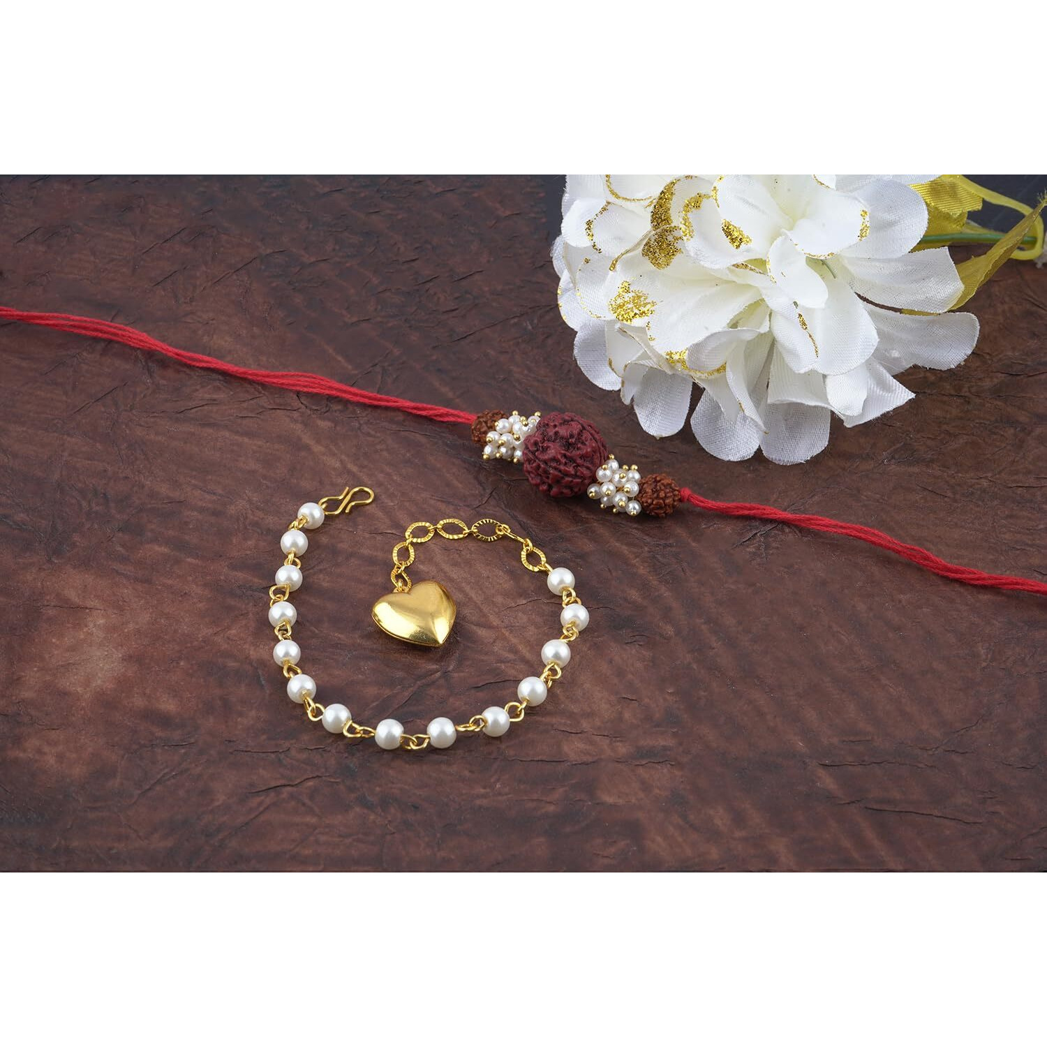 Jfl-Jewelleryforless Handmade Combo Couple Pair Panch Mukhi Rudraksh Pearl Rakhi & Gold Heart Charm Bracelet Set For Bhaiya Bhabhi With Roli Chawal Hand Written Greeting Note Of Raksha Bandhan