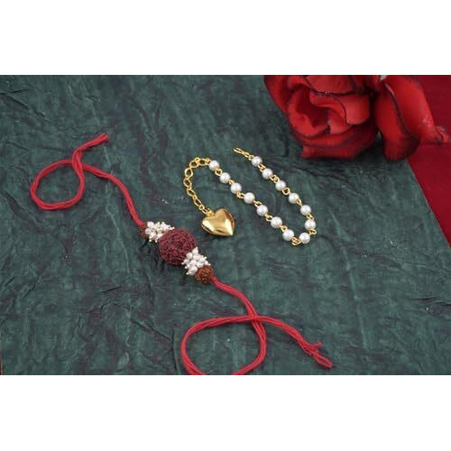 Jfl-Jewelleryforless Handmade Combo Couple Pair Panch Mukhi Rudraksh Pearl Rakhi & Gold Heart Charm Bracelet Set For Bhaiya Bhabhi With Roli Chawal Hand Written Greeting Note Of Raksha Bandhan