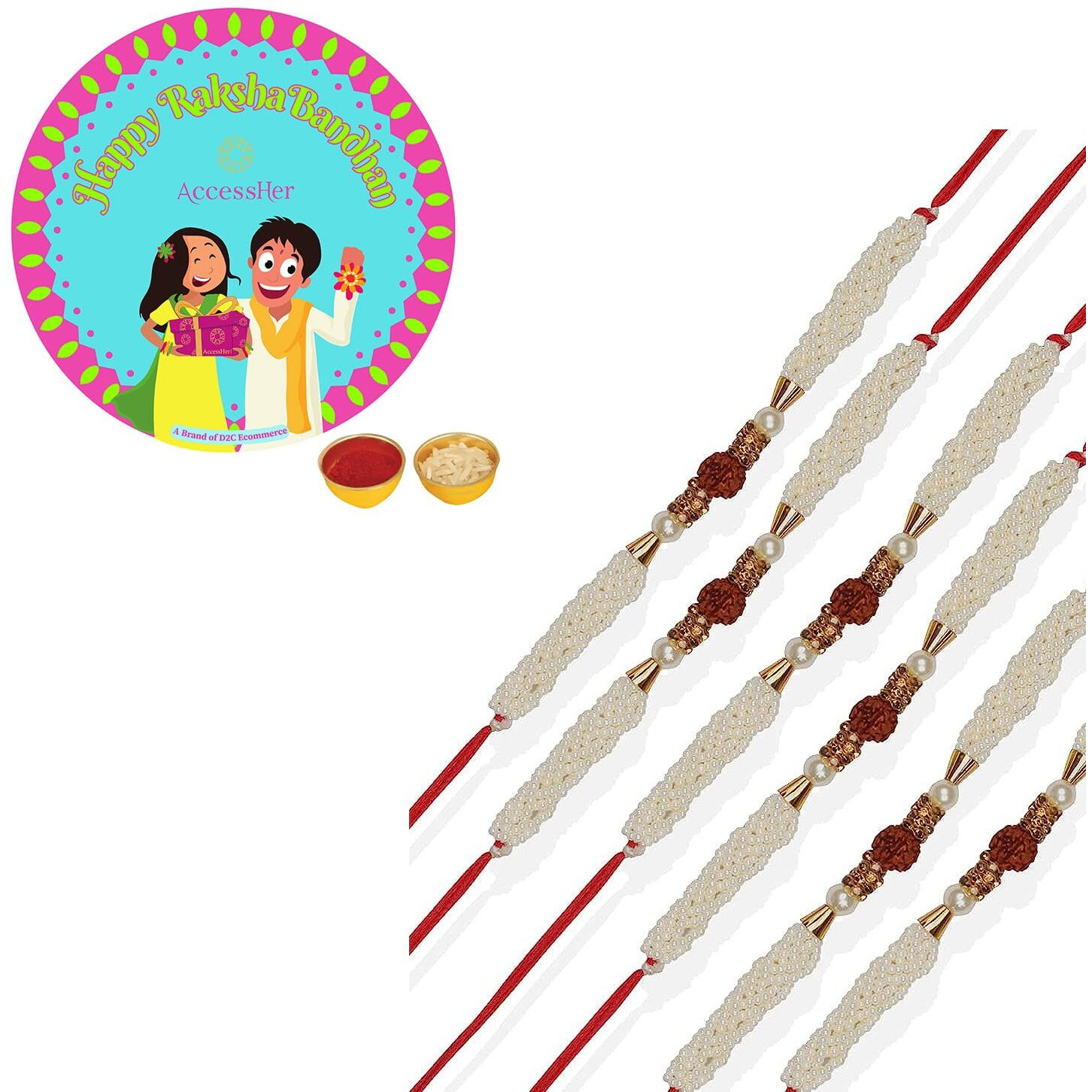 Accessher Mens Traditional Gold Plated Elegant Designer Rudraksh Rakhi For Brother Pack Of 6 With Roli, Kumkum Packets And Happy Rakshabandhan Card For Your Brother