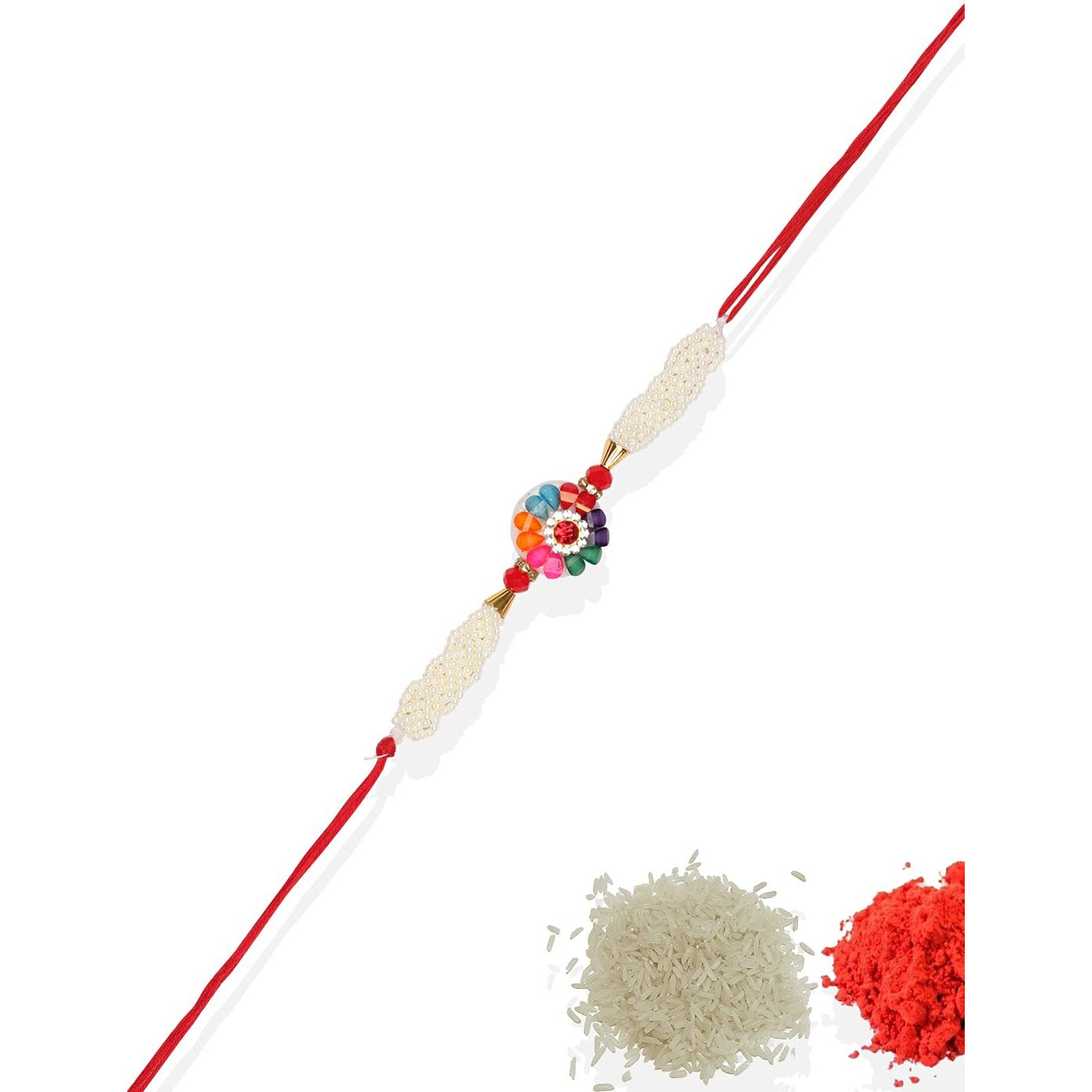 Accessher Traditional Multicolor Pearl Rakhi For Brother Pack Of 1 With Roli Kumkum Packets & Happy Rakshabandhan Card