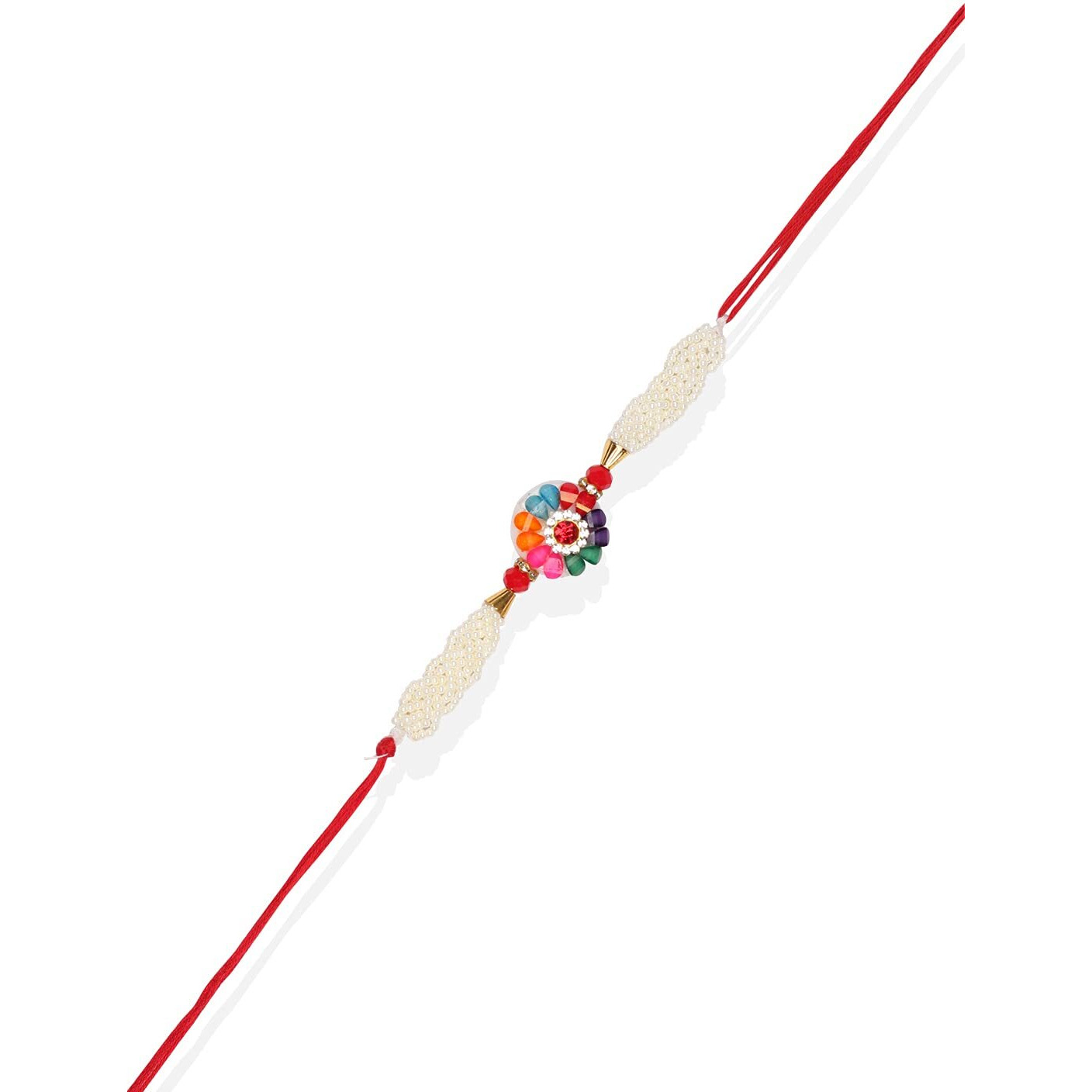 Accessher Traditional Multicolor Pearl Rakhi For Brother Pack Of 1 With Roli Kumkum Packets & Happy Rakshabandhan Card