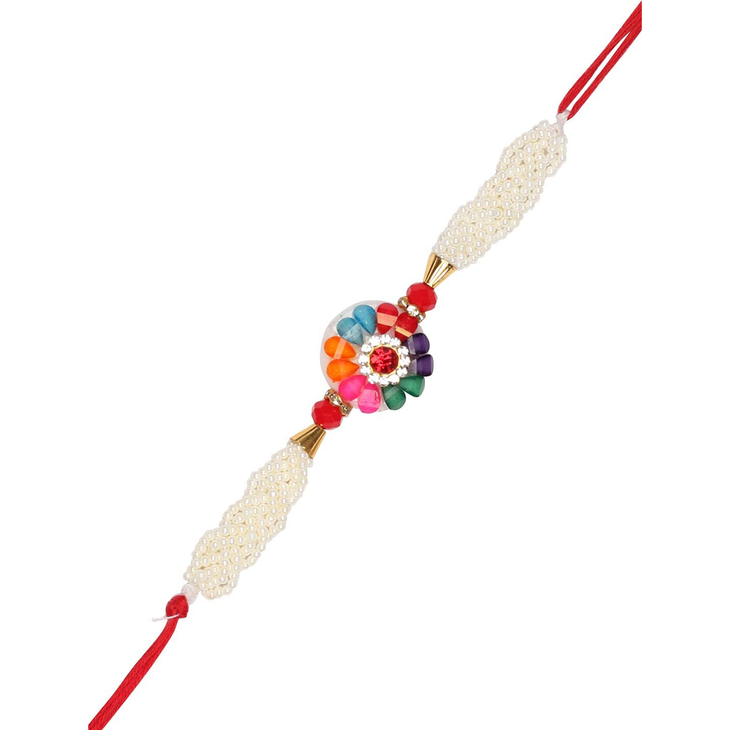 Accessher Traditional Multicolor Pearl Rakhi For Brother Pack Of 1 With Roli Kumkum Packets & Happy Rakshabandhan Card