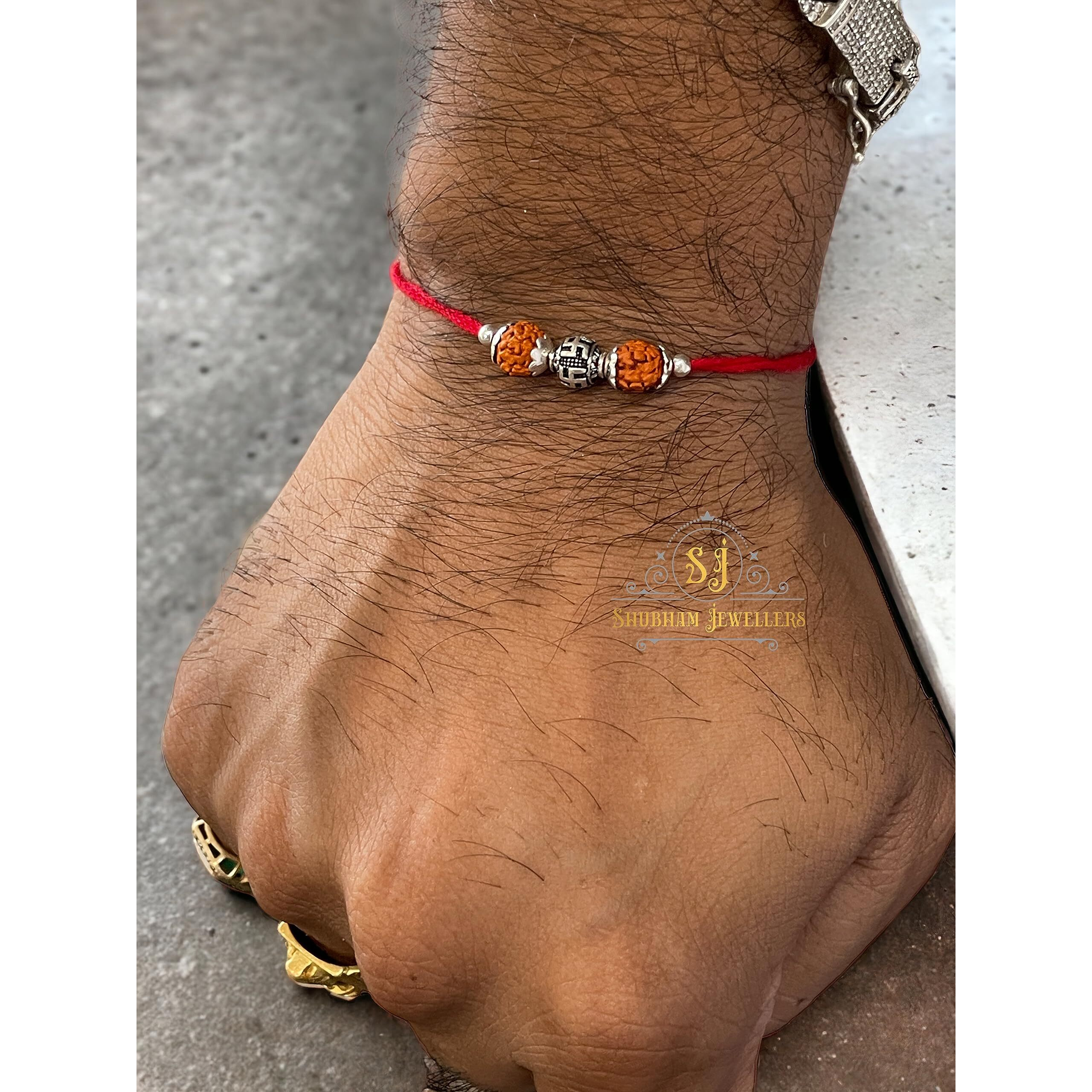 Sj Shubham Jewellers 925 Sterling Silver Rakhi For Brother Rudraksha Rakhi Bracelet Raksha Bandhan Pure Cotton For Men, Boys, Kids Rakhi With Roli Chawal (Rudraksh Sathiya)
