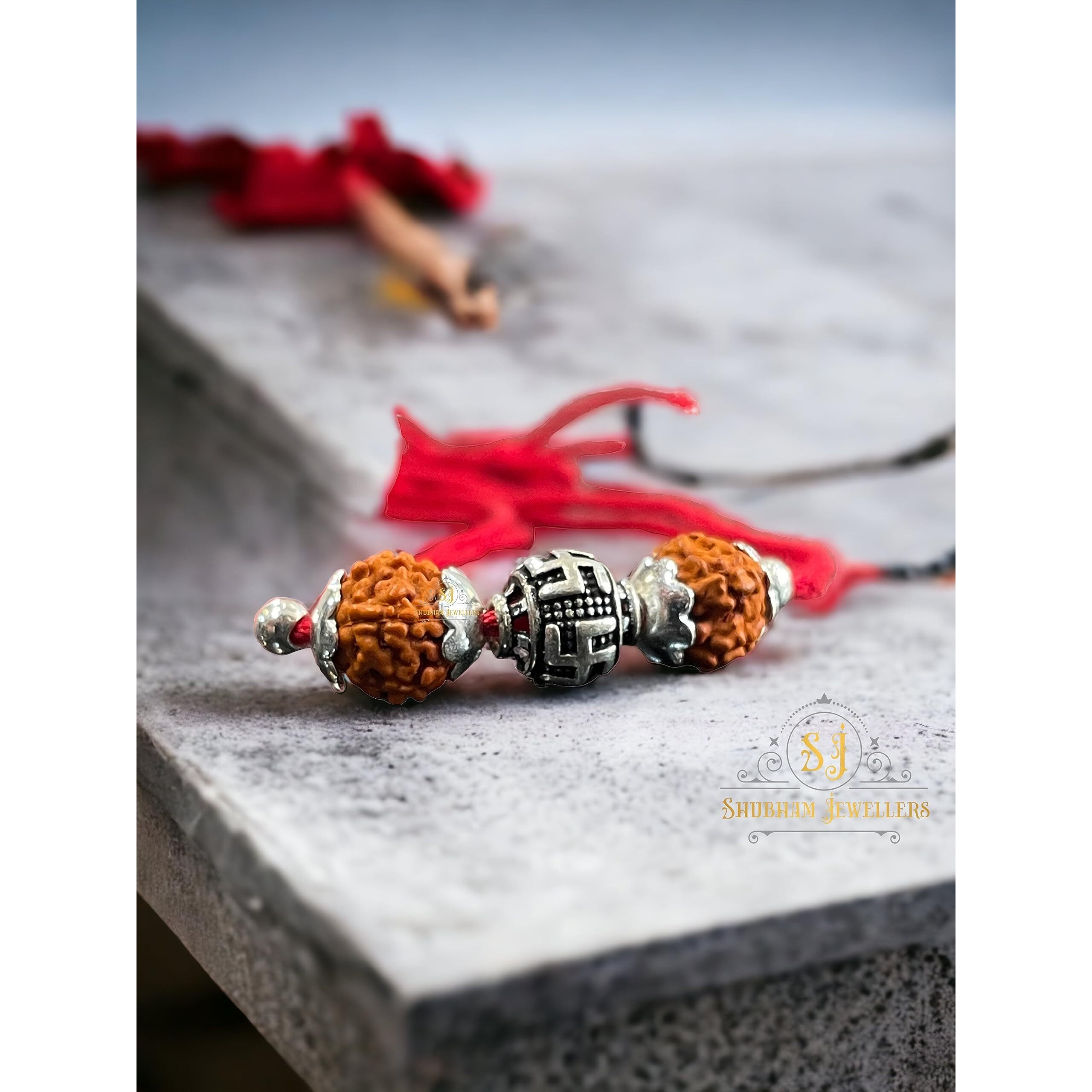 Sj Shubham Jewellers 925 Sterling Silver Rakhi For Brother Rudraksha Rakhi Bracelet Raksha Bandhan Pure Cotton For Men, Boys, Kids Rakhi With Roli Chawal (Rudraksh Sathiya)