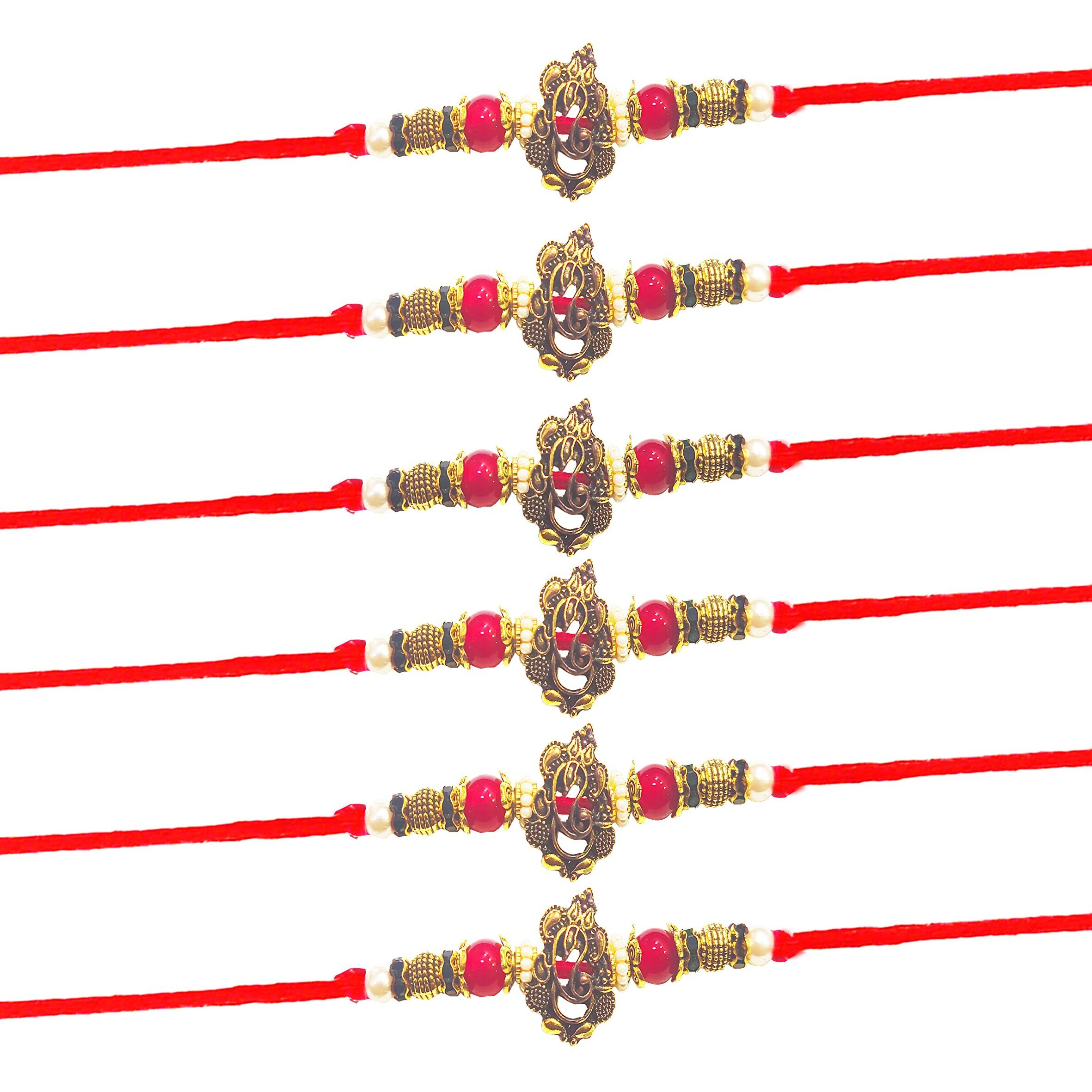 Siddhi Art Jewellery Handmade Designer Gold Moti Rakhi Set For Bhaiya, Brothers - Pack Of 6