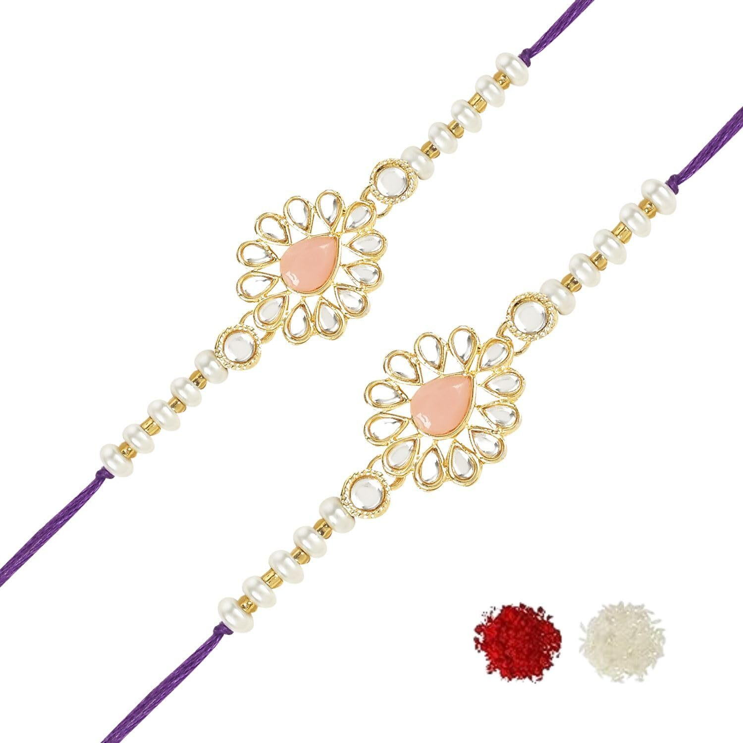 I Jewels Pearl & Kundan Bhaiya Rakhi With Roli Chawal For Brother/Bro/Men With Rakshabandhan Card (R118Pe-2) (Pack Of 2)