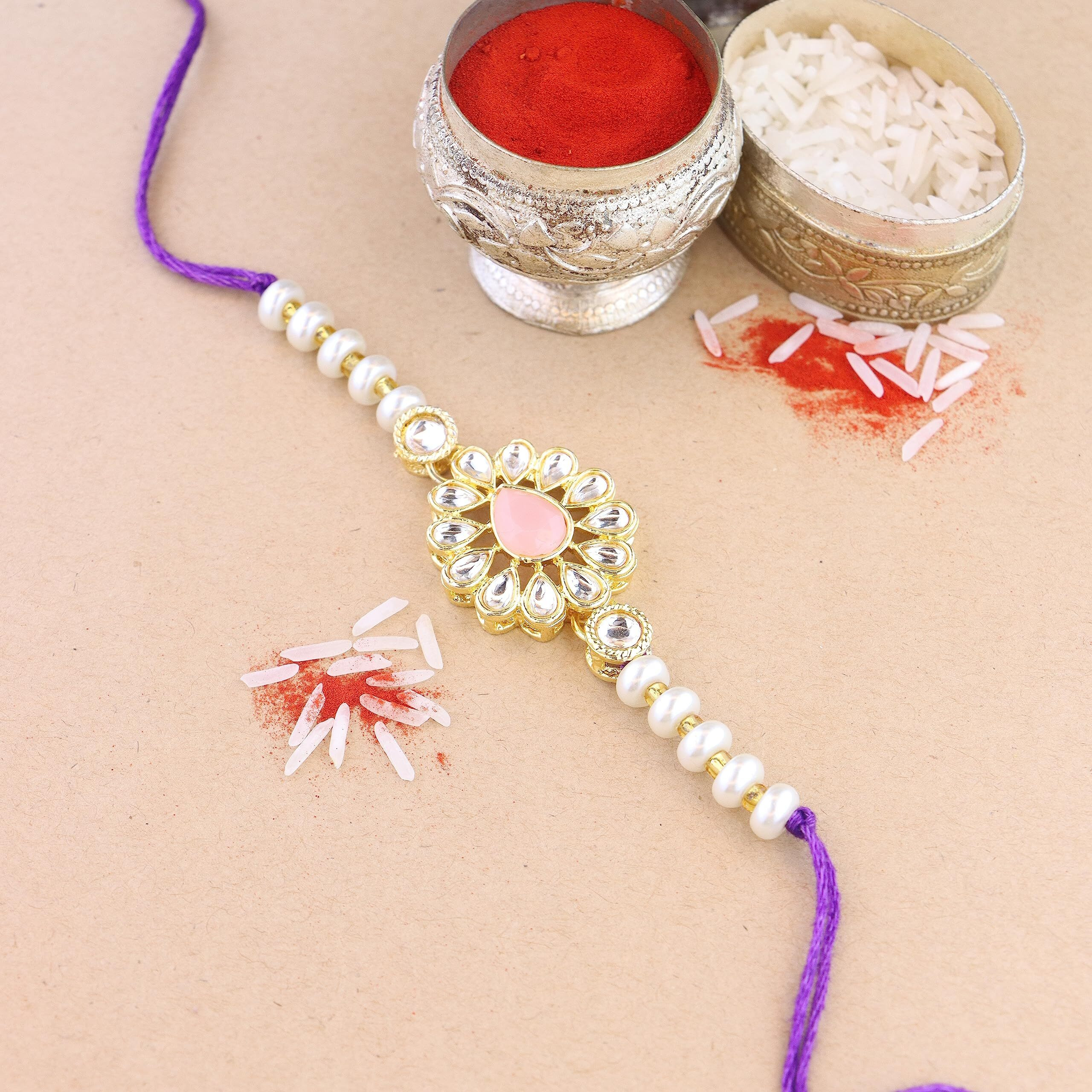 I Jewels Pearl & Kundan Bhaiya Rakhi With Roli Chawal For Brother/Bro/Men With Rakshabandhan Card (R118Pe-2) (Pack Of 2)