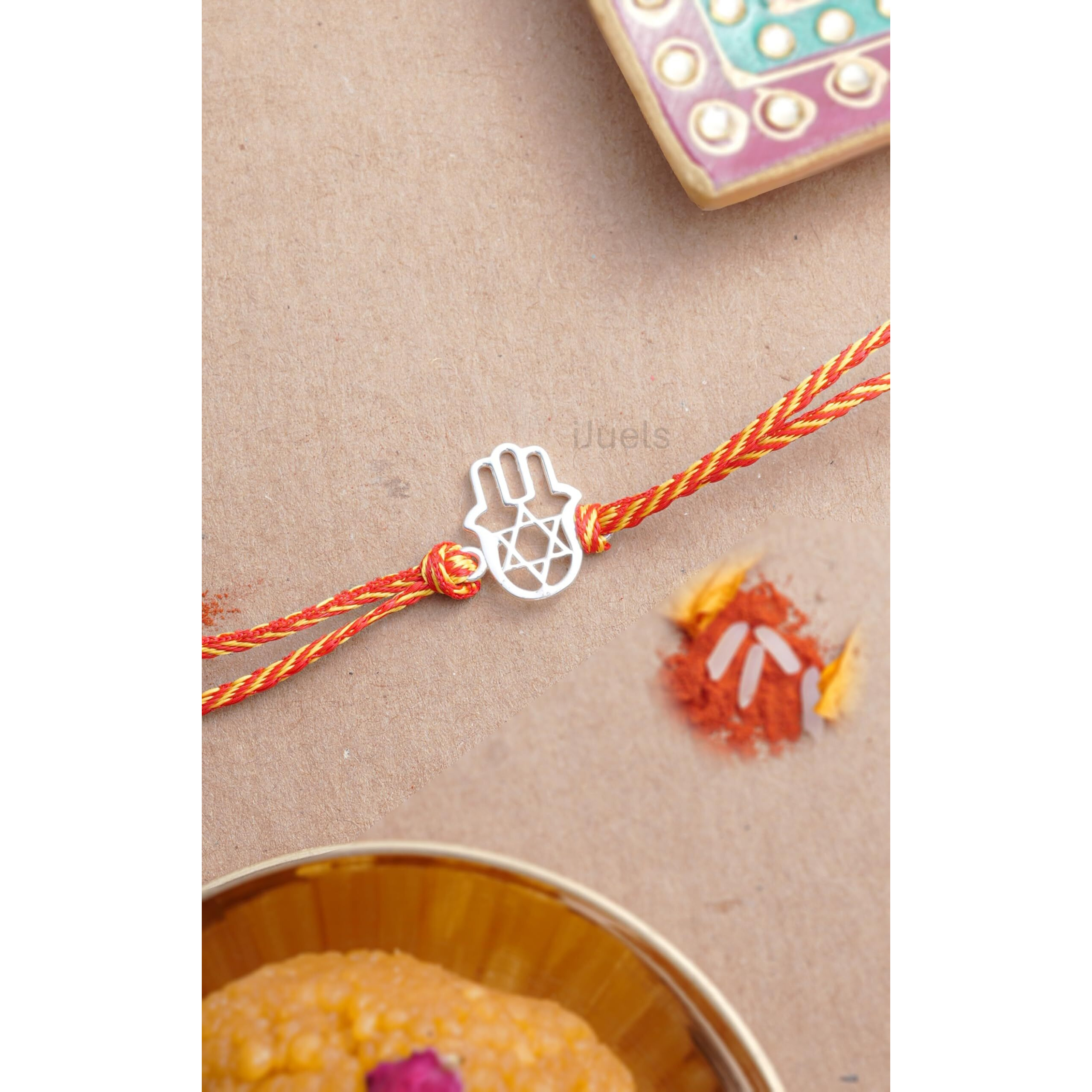 I Juels  Live The Emotions Pure 925 Silver Blessed Hand Rakhi For Brother I Adjustable Thread Bracelet/Rakhi I Gift For Men & Boys| With Roli Chawal And Certificate.