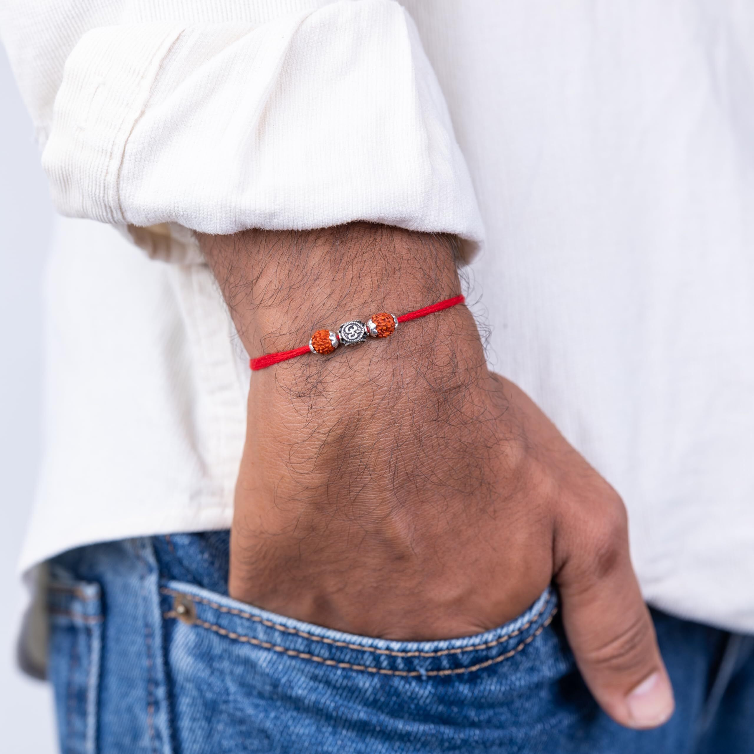 Hem Jewels 925 Pure Silver Rakhi For Brother With Cotton Thread And Original Rudraksha | Silver Thread Rakhi For Men | Free Size | Design Style - Celestial Om Bead (Hrkh-D7)