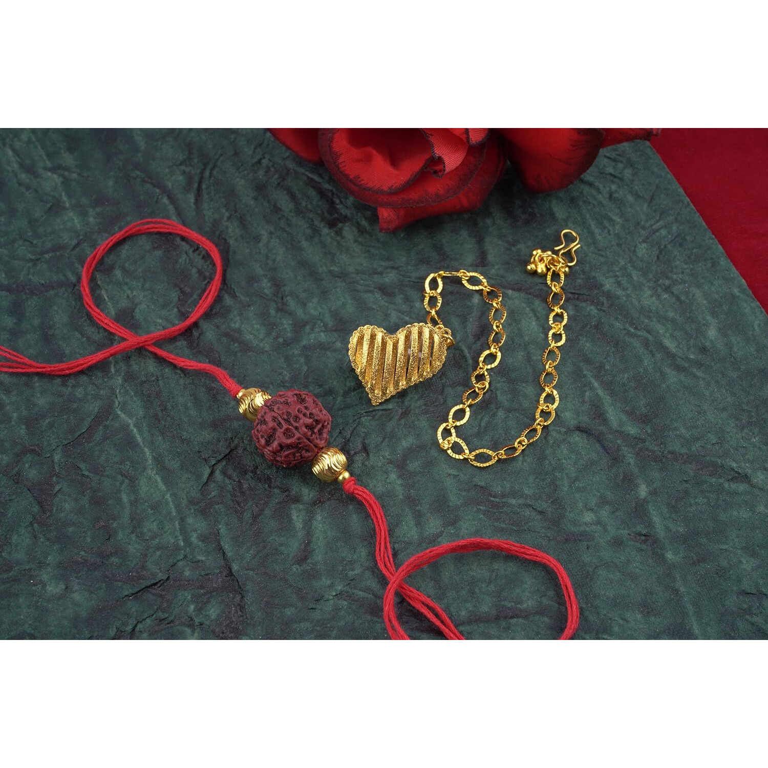 Jfl-Jewellery For Less Handmade Combo Couple Pair Panch Mukhi Rudraksh Rakhi & Gold Heart Charm Unisex Bracelet Set For Bhaiya Bhabhi With Roli Chawal Hand Written Greeting Note