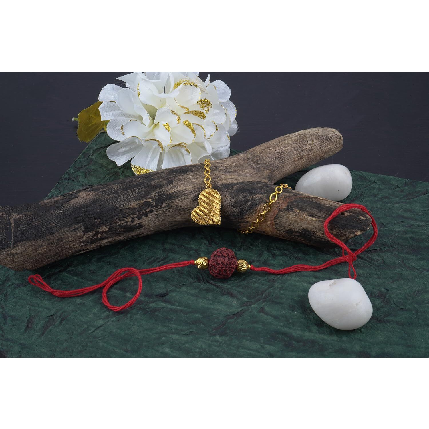 Jfl-Jewellery For Less Handmade Combo Couple Pair Panch Mukhi Rudraksh Rakhi & Gold Heart Charm Unisex Bracelet Set For Bhaiya Bhabhi With Roli Chawal Hand Written Greeting Note