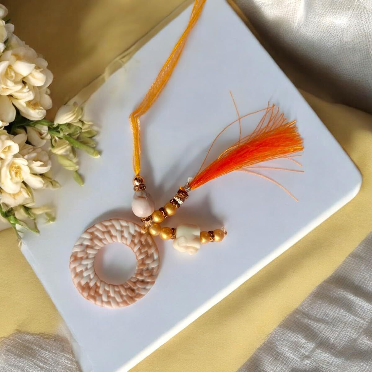 Accessher Unisex Traditional Handcrafted Rakhi With Elephant Charm And Tassel For Beloved Bhabhi/Gifting With Roli Kumkum Packets & Happy Rakshabandhan Card