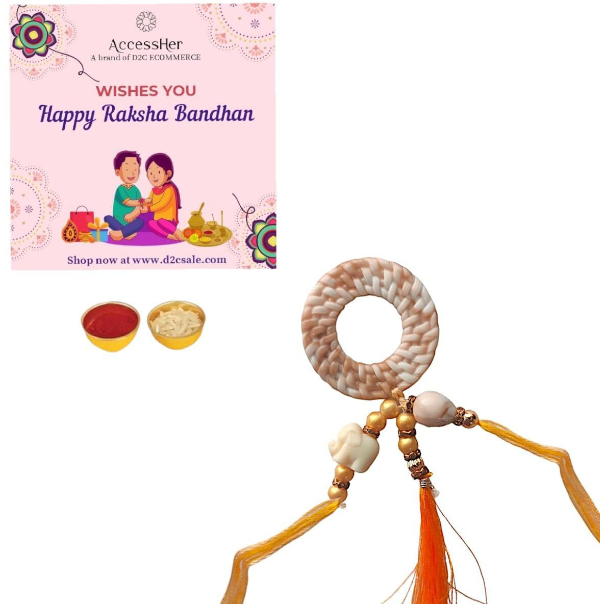 Accessher Unisex Traditional Handcrafted Rakhi With Elephant Charm And Tassel For Beloved Bhabhi/Gifting With Roli Kumkum Packets & Happy Rakshabandhan Card