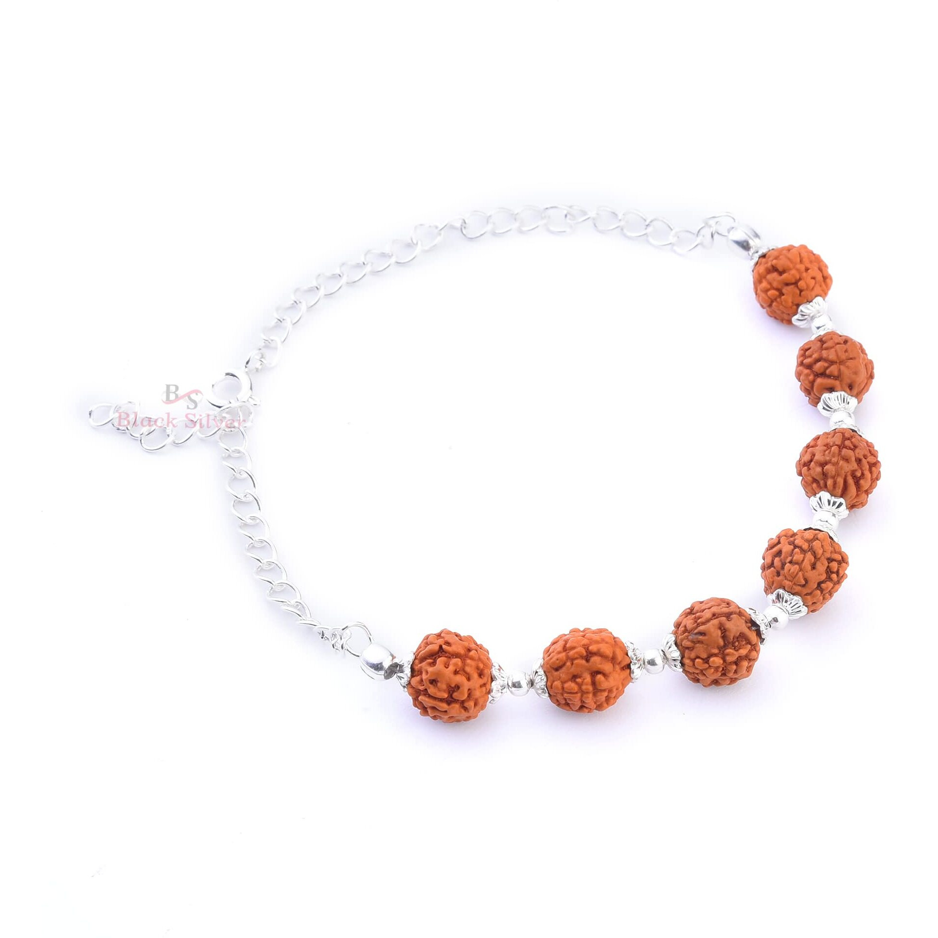 Black Silver Seven Rudraksha Pure 925 Sterling Silver Bracelet/Rakhi With Flower Caps For Boys, Girls, Men & Women | Traditional Rakshabandhan Rakhi For Brother & Bhabhi