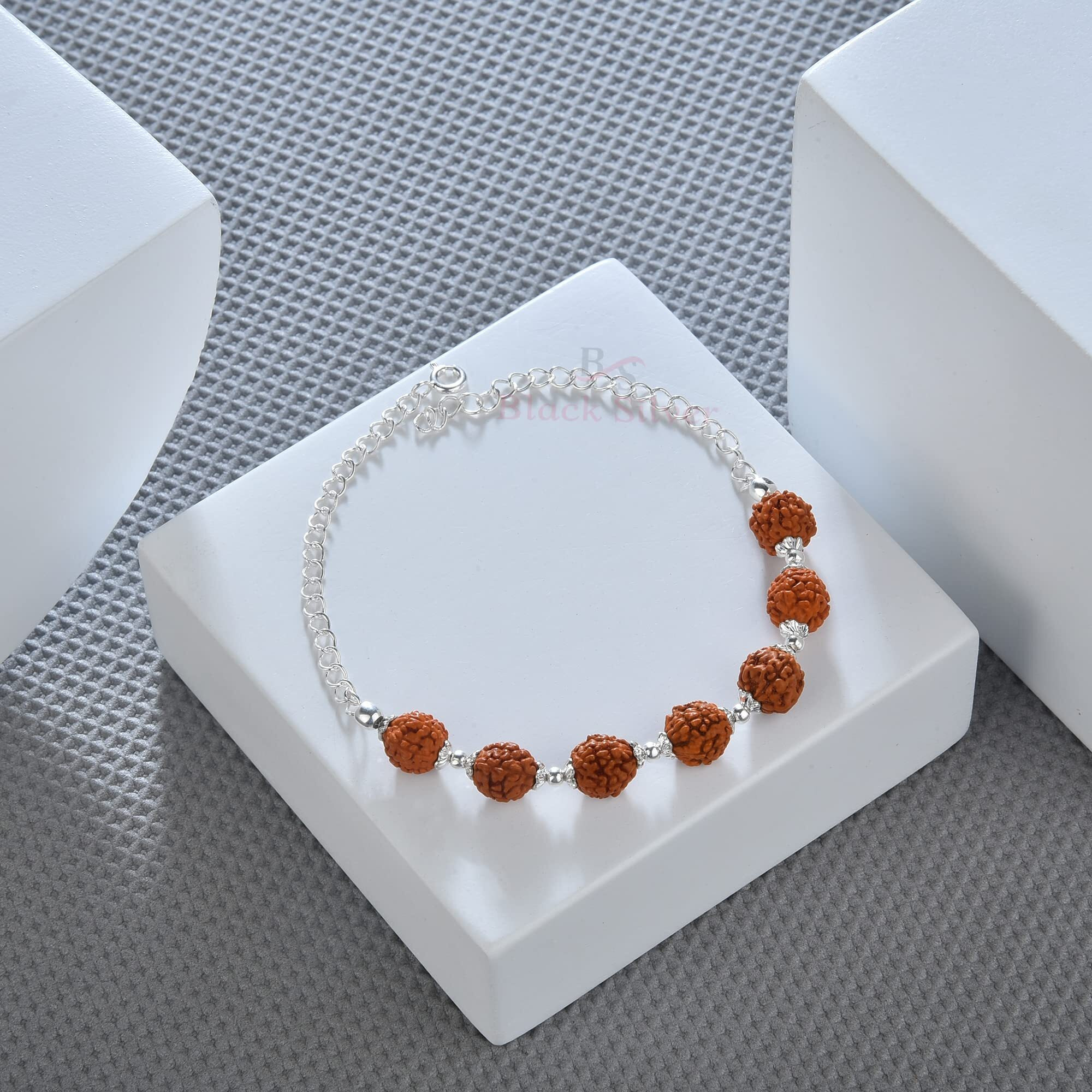 Black Silver Seven Rudraksha Pure 925 Sterling Silver Bracelet/Rakhi With Flower Caps For Boys, Girls, Men & Women | Traditional Rakshabandhan Rakhi For Brother & Bhabhi