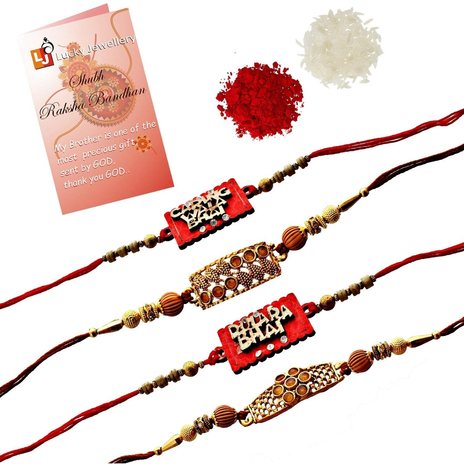 Lucky Jewellery Designer Fancy Rakhi Set For Men Dulara Bhai/Caring Wala Bhai/Slogan Red Thread Rakhi Combo For Brother/Bhaiya/Bhabhi (Pack Of 4) Rakshabandan Multicolor Rakhee Rakshasutra
