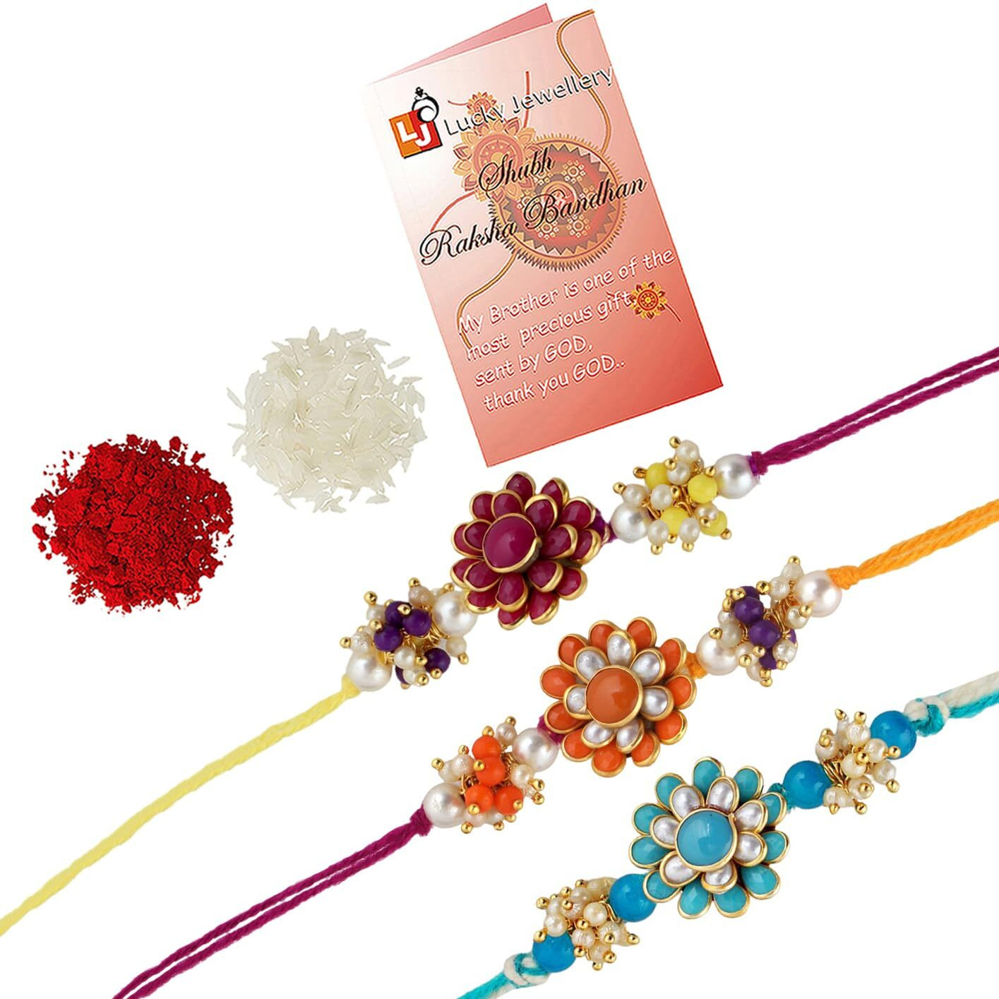 Lucky Jewellery Designer Fancy Rakhi Set For Men Dulara Bhai/Caring Wala Bhai/Slogan Red Thread Rakhi Combo For Brother/Bhaiya/Bhabhi (Pack Of 4) Rakshabandan Multicolor Rakhee Rakshasutra