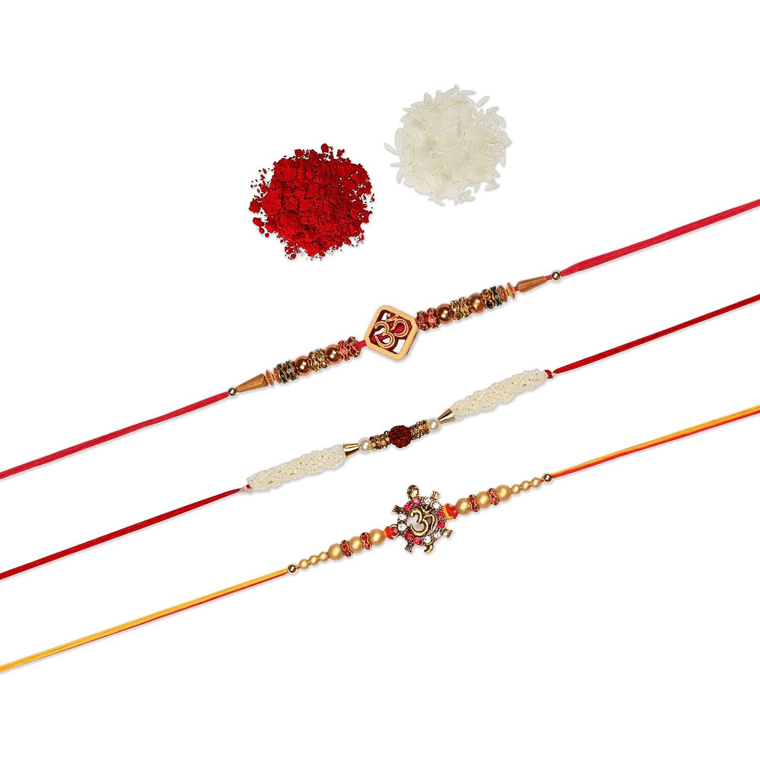 Accessher Traditional Multicolor Elegant Diety Inspired Religious Rakhi Set Of 3 For Beloved Brother With Roli Kumkum Packets And Happy Rakshabandhan Card