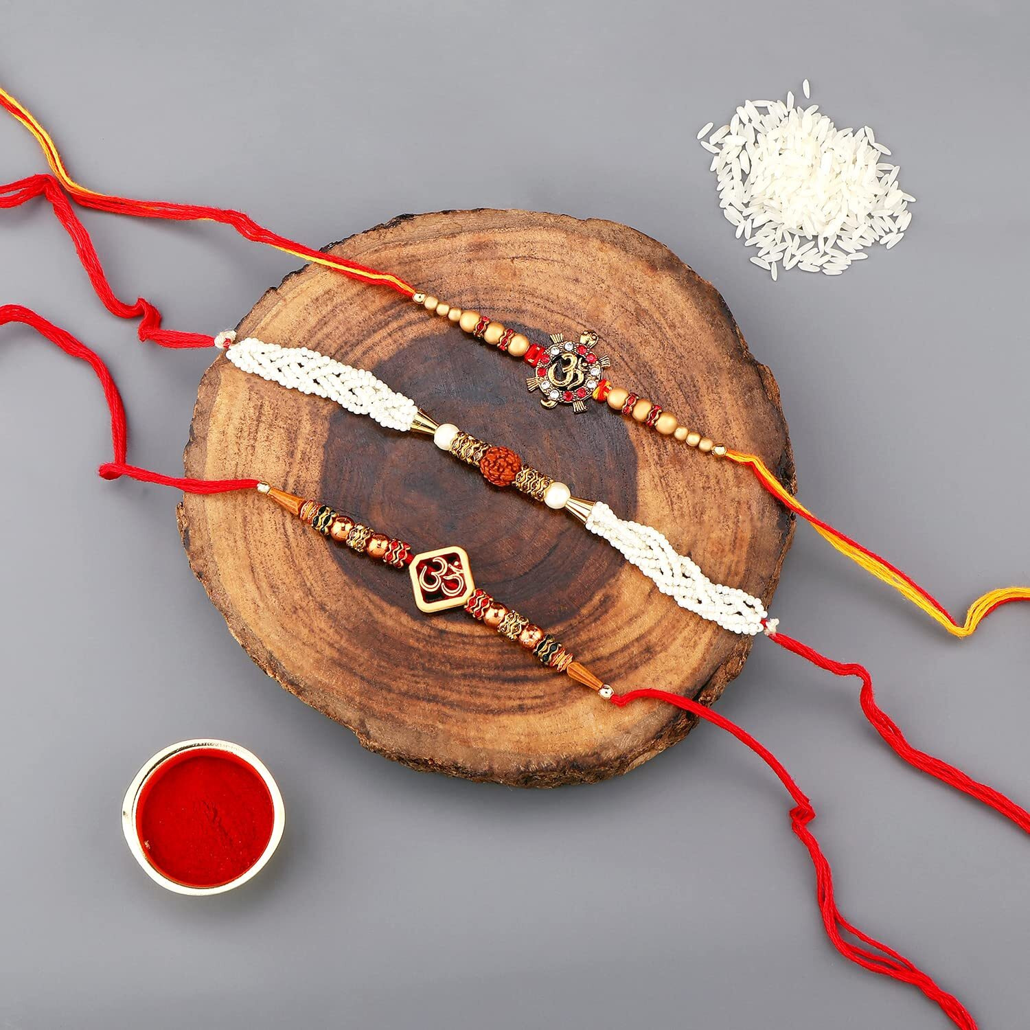 Accessher Traditional Multicolor Elegant Diety Inspired Religious Rakhi Set Of 3 For Beloved Brother With Roli Kumkum Packets And Happy Rakshabandhan Card