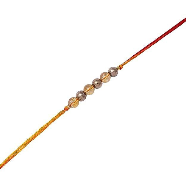 Devama The Divine Handmade Artwork Gemstone Rakhi For Brother, Bhaiya Bhabhi, Beads Bracelet Rakhi, Self Love, Friendship, Deep Inner Healing (Pack Of 1) (Pyrite And Citrine)