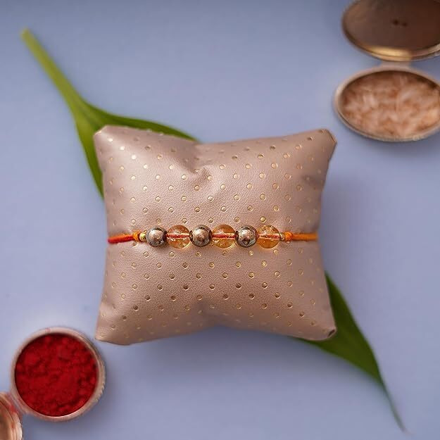 Devama The Divine Handmade Artwork Gemstone Rakhi For Brother, Bhaiya Bhabhi, Beads Bracelet Rakhi, Self Love, Friendship, Deep Inner Healing (Pack Of 1) (Pyrite And Citrine)