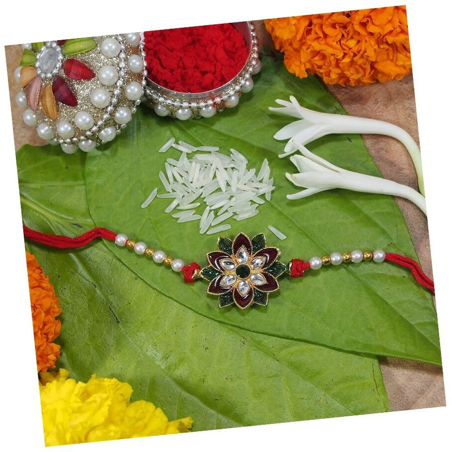 I Jewels Mens Gold Plated Ethnic Pearl Meena Work Flower Rakhi With Roli Chawal & Rakshabandhan Card For Bro/Brother/Bhai (R006)