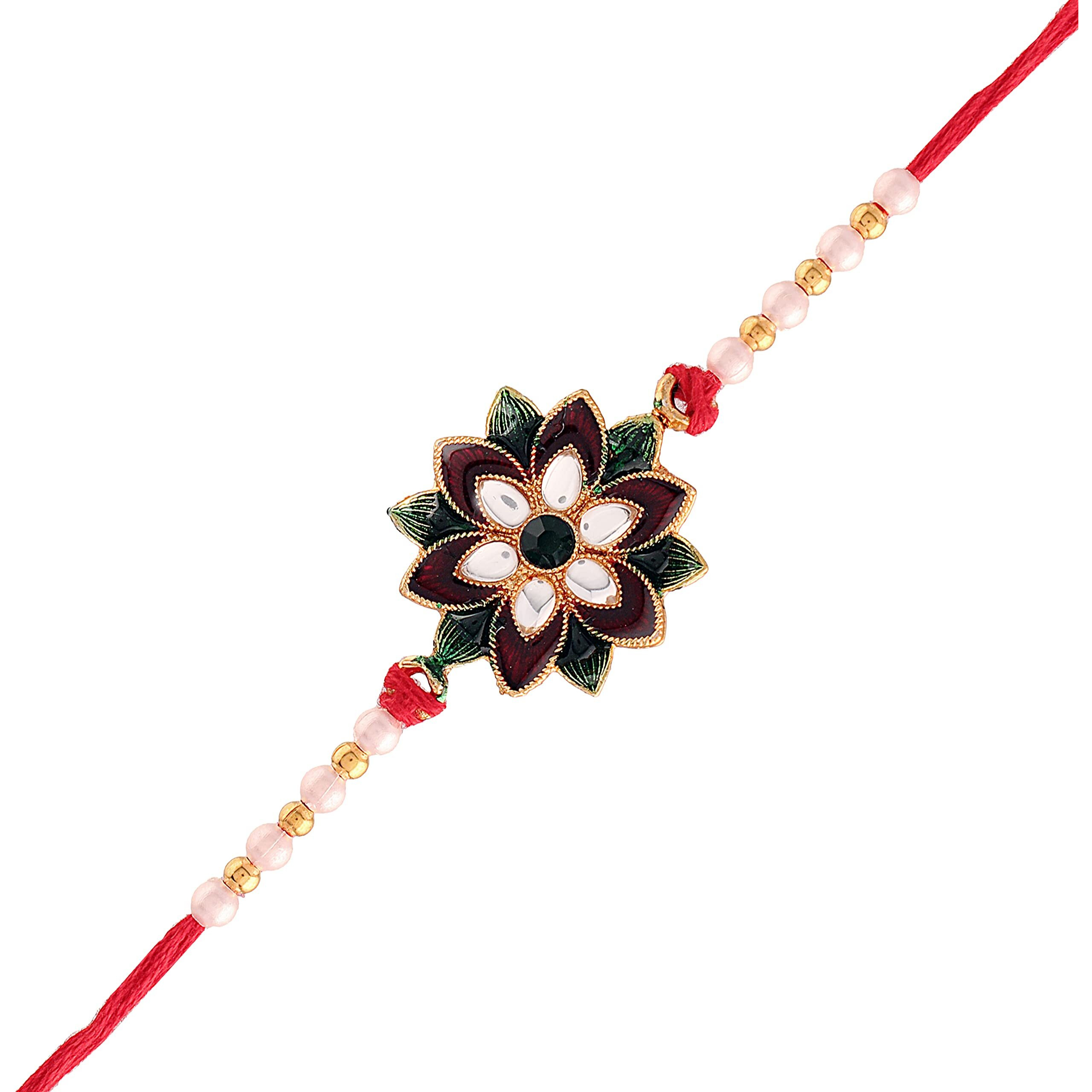 I Jewels Mens Gold Plated Ethnic Pearl Meena Work Flower Rakhi With Roli Chawal & Rakshabandhan Card For Bro/Brother/Bhai (R006)