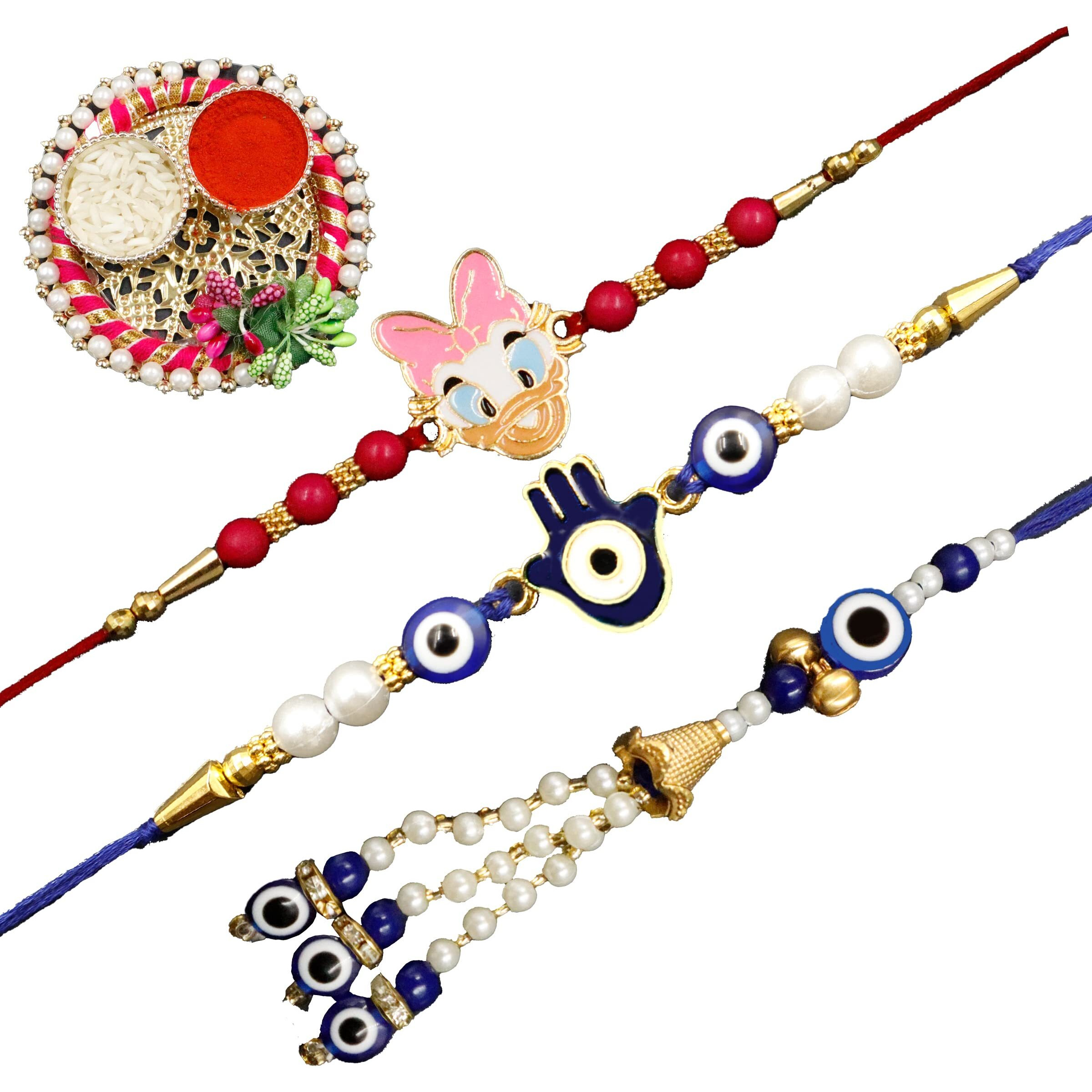 Alaukik Handmade Evil Eye Bhaiya Bhabhi Rakhi With Kids Rakhi|Lumba Rakhi For Bhabhi|Rakhi For Brother|Couple Rakhi Set| With Decorative Thali/Roli And Chawal