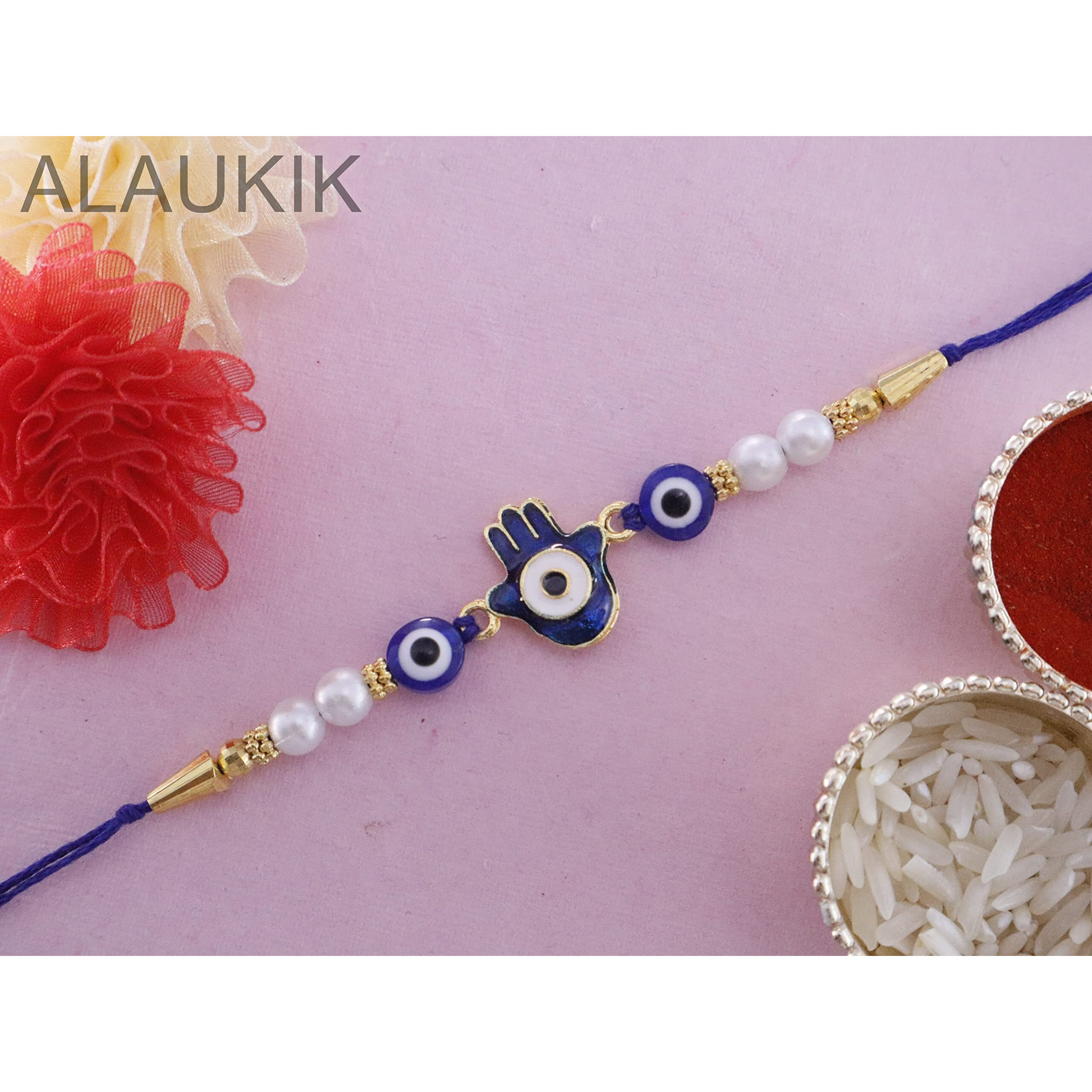 Alaukik Handmade Evil Eye Bhaiya Bhabhi Rakhi With Kids Rakhi|Lumba Rakhi For Bhabhi|Rakhi For Brother|Couple Rakhi Set| With Decorative Thali/Roli And Chawal