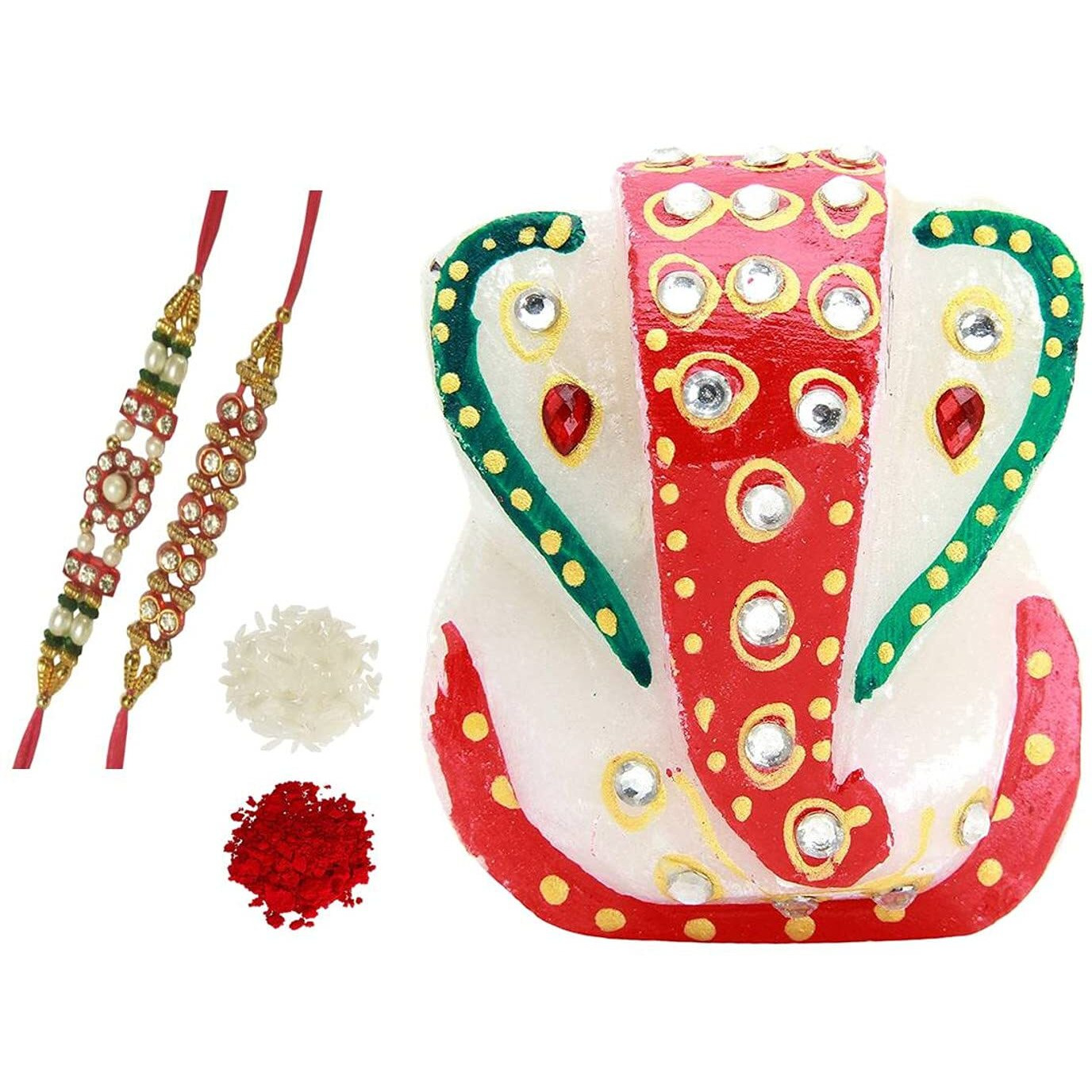 Purpledip Bhai Dooj Rakhi Gift Set Small Ganesha Marble Statue, 2 Designer Rakshabandhan Bracelets, Roli Chawal Tika In A Classy Gift Box (Rakhi68)
