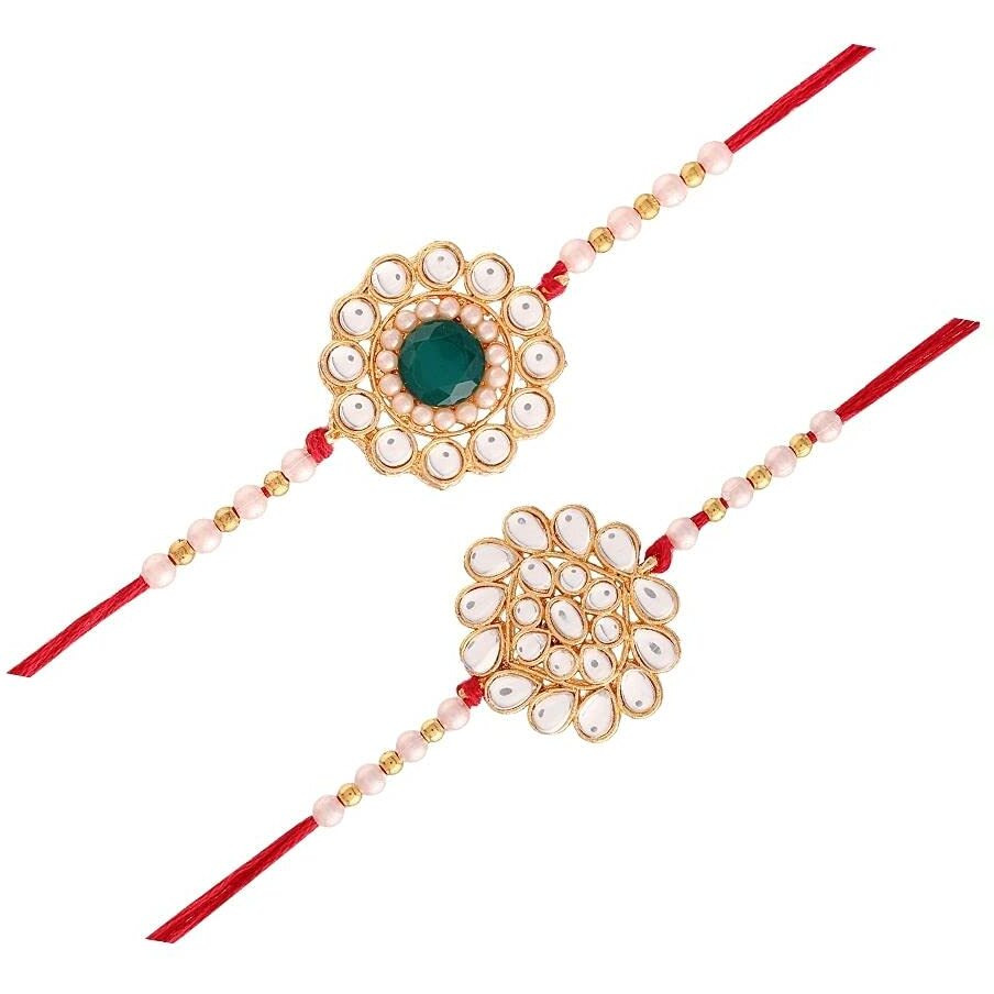 I Jewels Mens Gold Plated Pearl Kundan Combo Rakhi With Roli Chawal & Rakshabandhan Card For Bro/Brother/Bhai (Pack Of 2) (R002-07)