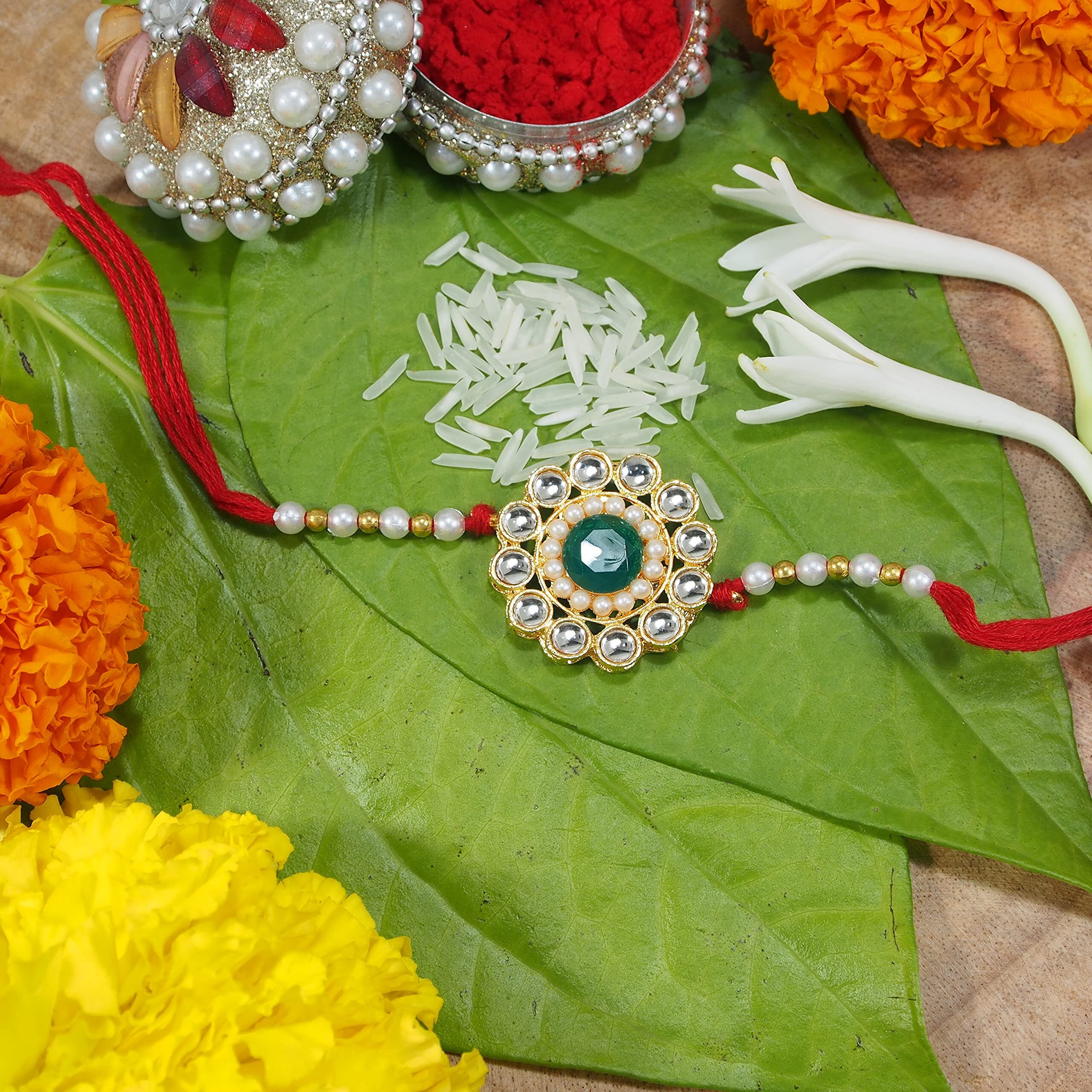 I Jewels Mens Gold Plated Pearl Kundan Combo Rakhi With Roli Chawal & Rakshabandhan Card For Bro/Brother/Bhai (Pack Of 2) (R002-07)