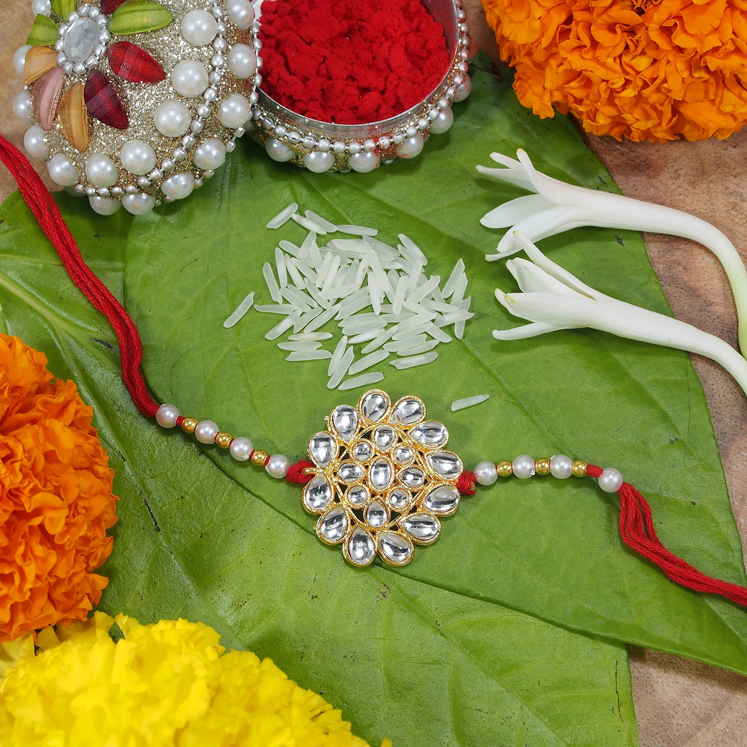I Jewels Mens Gold Plated Pearl Kundan Combo Rakhi With Roli Chawal & Rakshabandhan Card For Bro/Brother/Bhai (Pack Of 2) (R002-07)