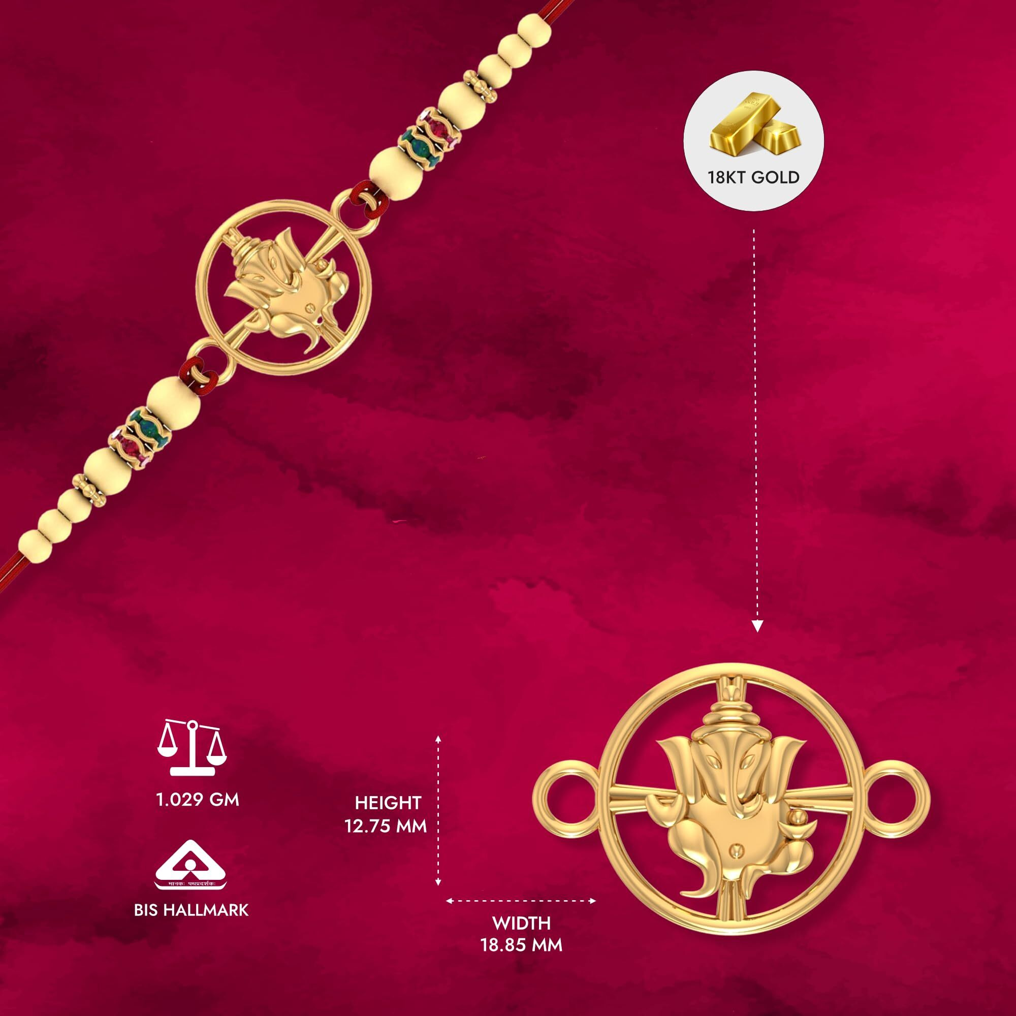 Perrian 18K(750) Pure Yellow Gold Ganpati Rakhi For Brother And Bhabhi | Real 18K Gold Rakhi Cum Pendant | Ganesh Rakhi Bracelet | Unique Raksha Bandhan Gift For Brother | Rakhi Gift For Sister