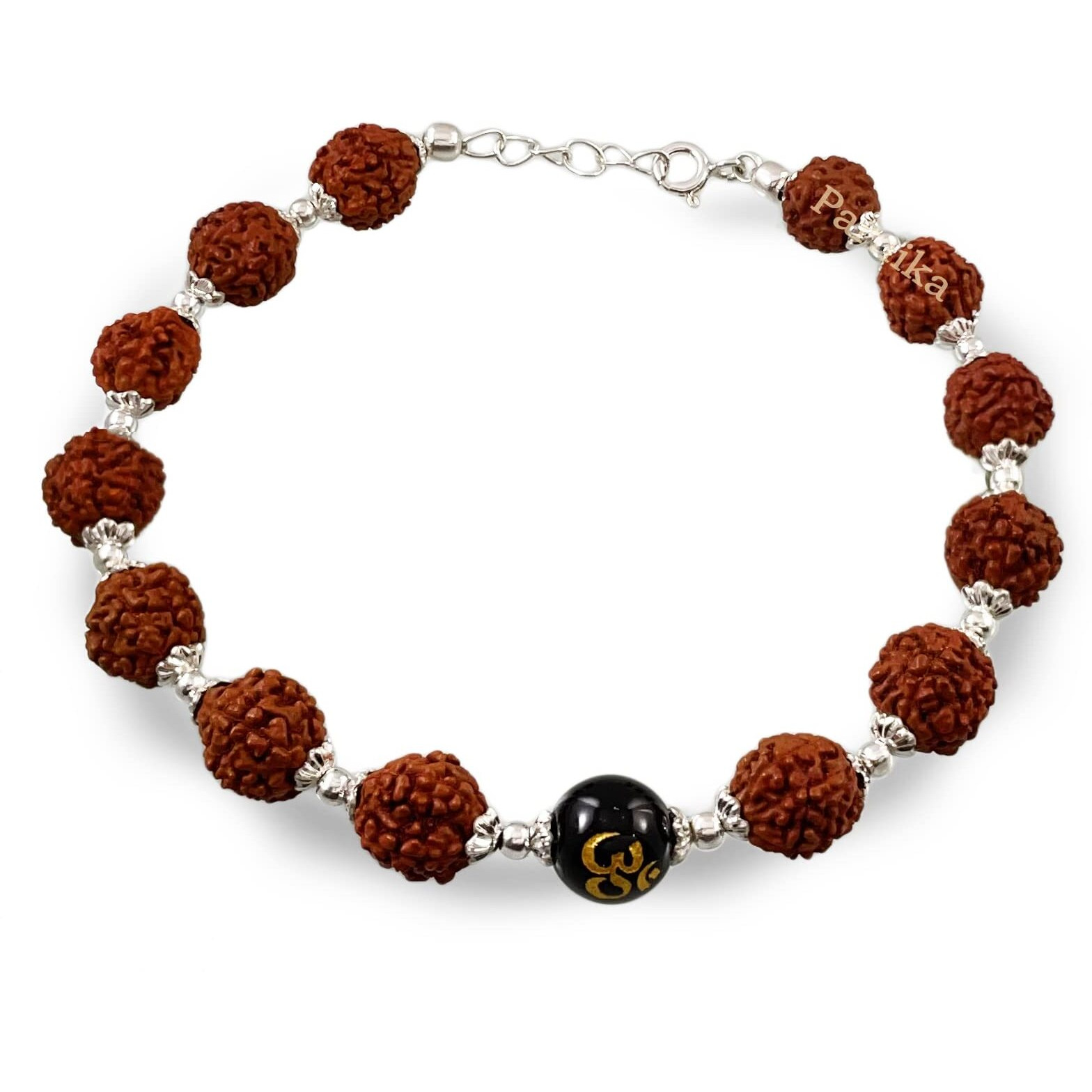 Parnika 925 Unisex Rudraksha Bracelet In Pure 92.5 Sterling Silver With Silver Flower Caps For Men Women Boys Girls | With Certificate Of Authenticity | Gift For Him N Her | Silver Rakhi | (Om)