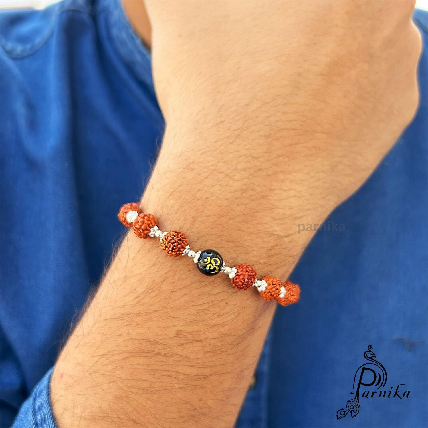 Parnika 925 Unisex Rudraksha Bracelet In Pure 92.5 Sterling Silver With Silver Flower Caps For Men Women Boys Girls | With Certificate Of Authenticity | Gift For Him N Her | Silver Rakhi | (Om)