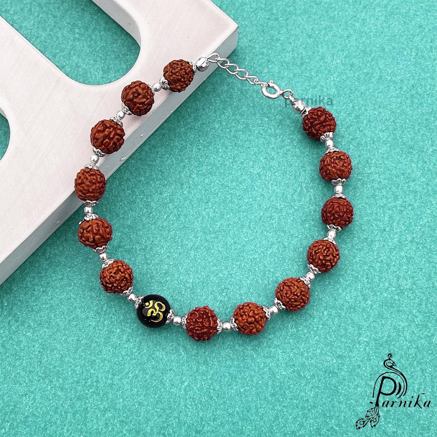 Parnika 925 Unisex Rudraksha Bracelet In Pure 92.5 Sterling Silver With Silver Flower Caps For Men Women Boys Girls | With Certificate Of Authenticity | Gift For Him N Her | Silver Rakhi | (Om)
