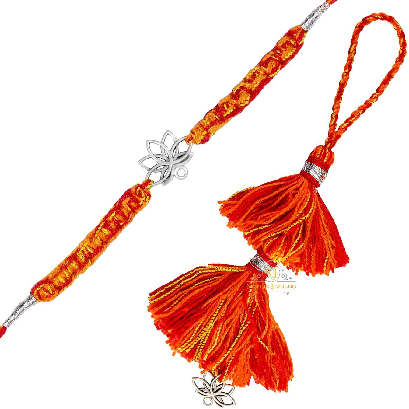 Sj Shubham Jewellers 925 Sterling Silver Lotus Design Handmade Rakhi Set For Brother, Silver Rakhis, Raksha Bandhan Gift (Lumba Rakhi For Bhabhi)