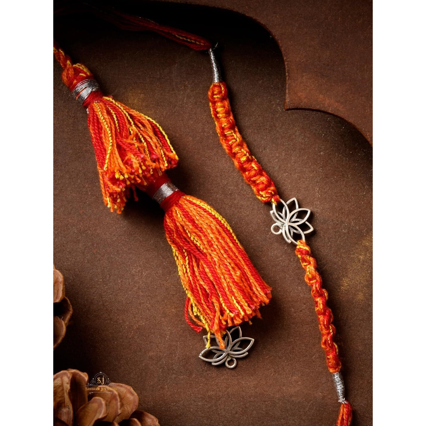 Sj Shubham Jewellers 925 Sterling Silver Lotus Design Handmade Rakhi Set For Brother, Silver Rakhis, Raksha Bandhan Gift (Lumba Rakhi For Bhabhi)